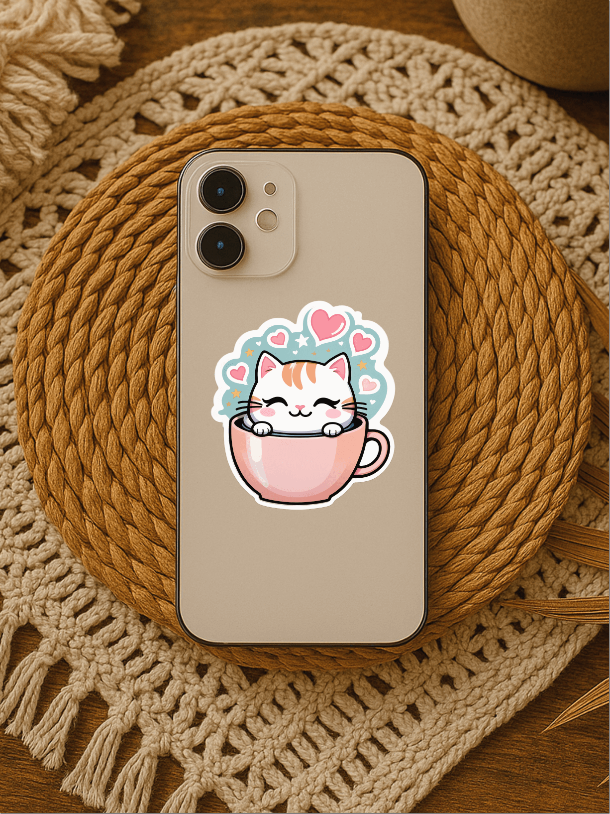 Kawaii Coffee Cat Vinyl Sticker on a phone, featuring a cute cat in a cup surrounded by hearts.