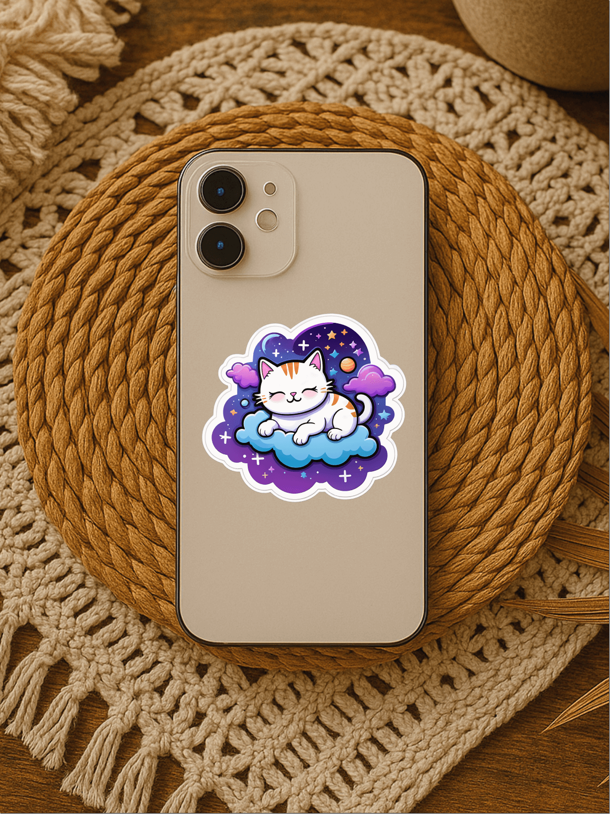 Cosmic Catnap vinyl sticker featuring a sleeping cat on a cloud, placed on a phone for decoration.
