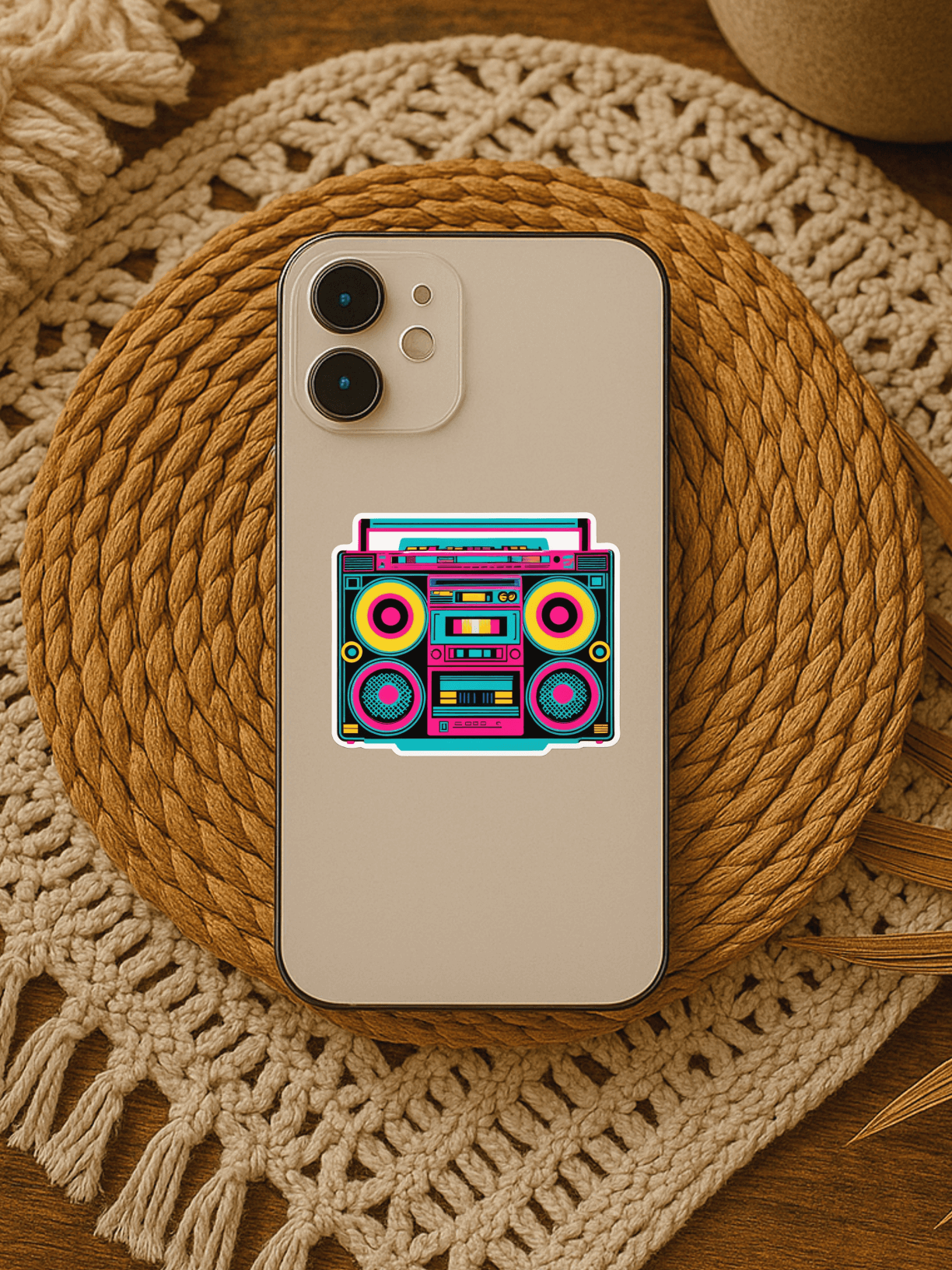 Colorful retro boombox vinyl sticker on a smartphone atop a woven mat.