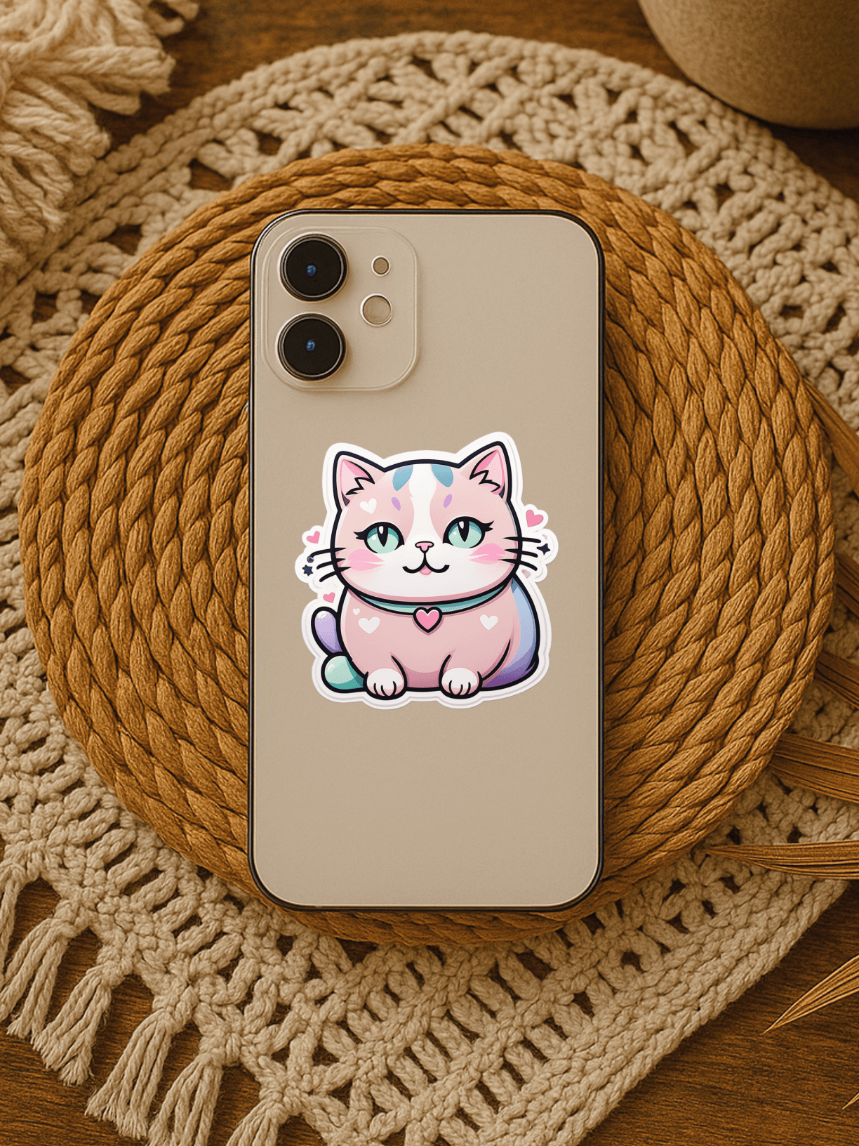 Pastel Dream Kawaii Cat Sticker on a phone, showcasing a cute and colorful cat design on a natural fiber surface.