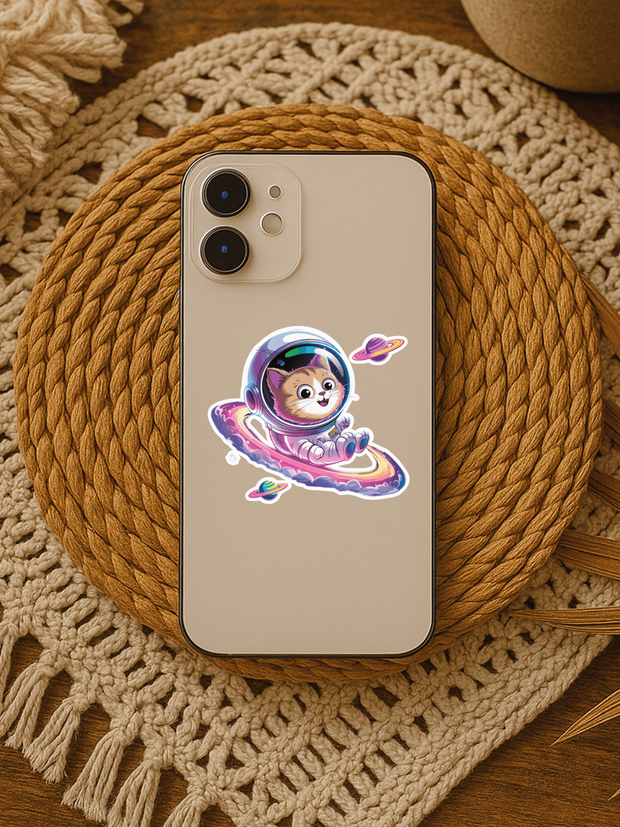 Vinyl sticker of a cosmic cat in an astronaut suit floating in space on a phone case.