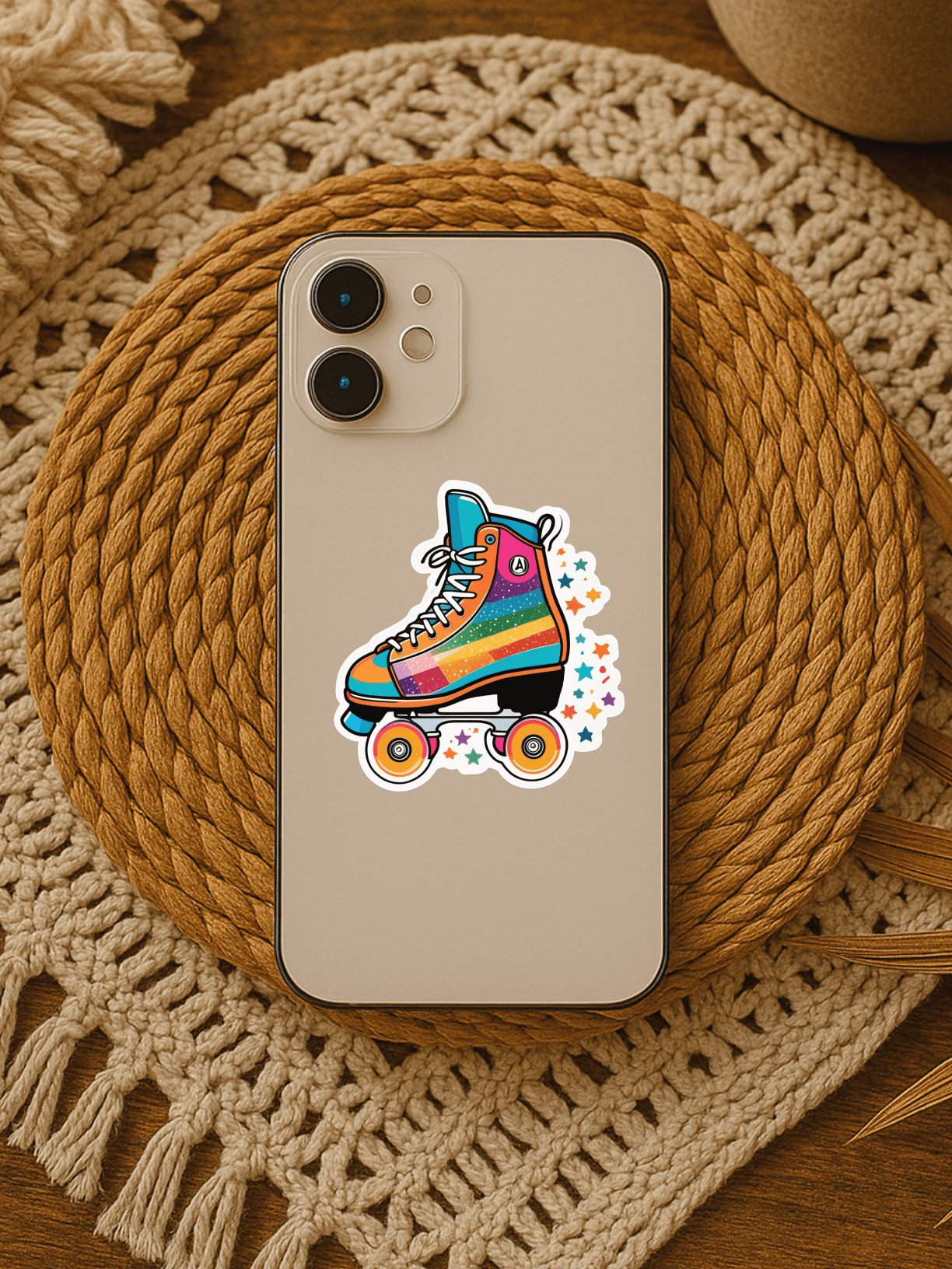 Colorful Groovy Retro Roller Skate Sticker on a phone placed on a woven table mat, perfect for personalized decoration.