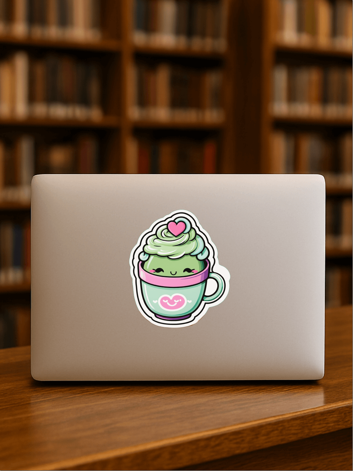 Sassy Matcha Therapy Sticker on a laptop featuring a cute tea cup design with green tea and a heart.