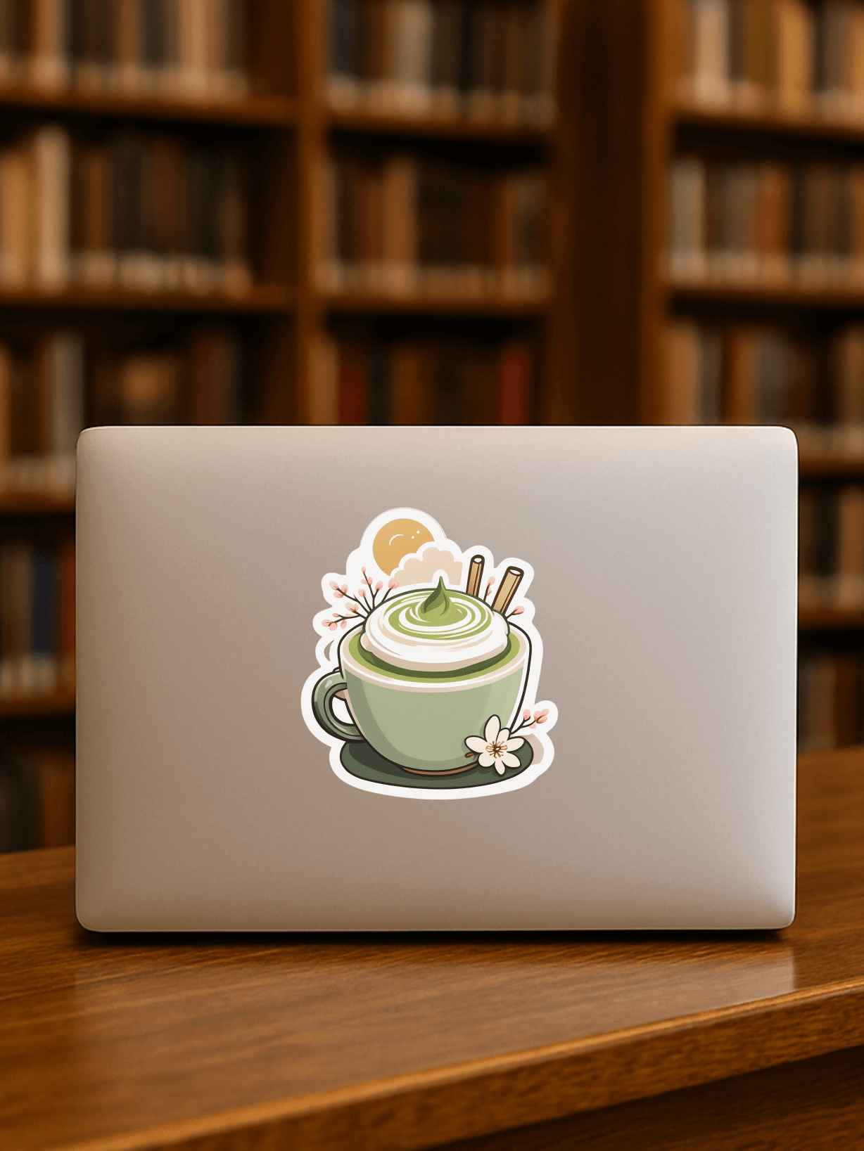 Matcha Vibes & Cozy Reads Vinyl Sticker on a laptop in a library setting.