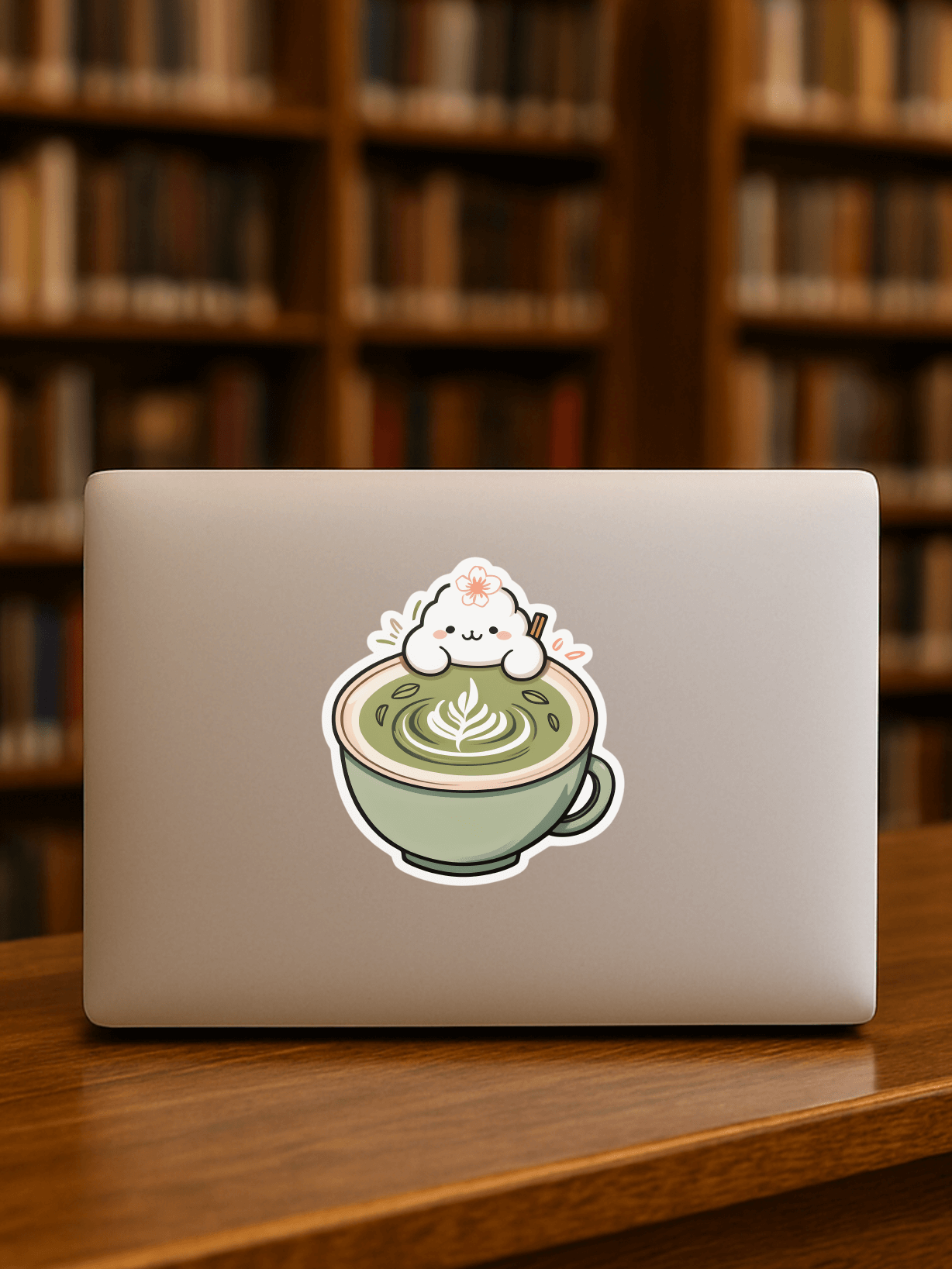 Cute Matcha Morning Aesthetic Vinyl Sticker on a laptop in a cozy library setting.