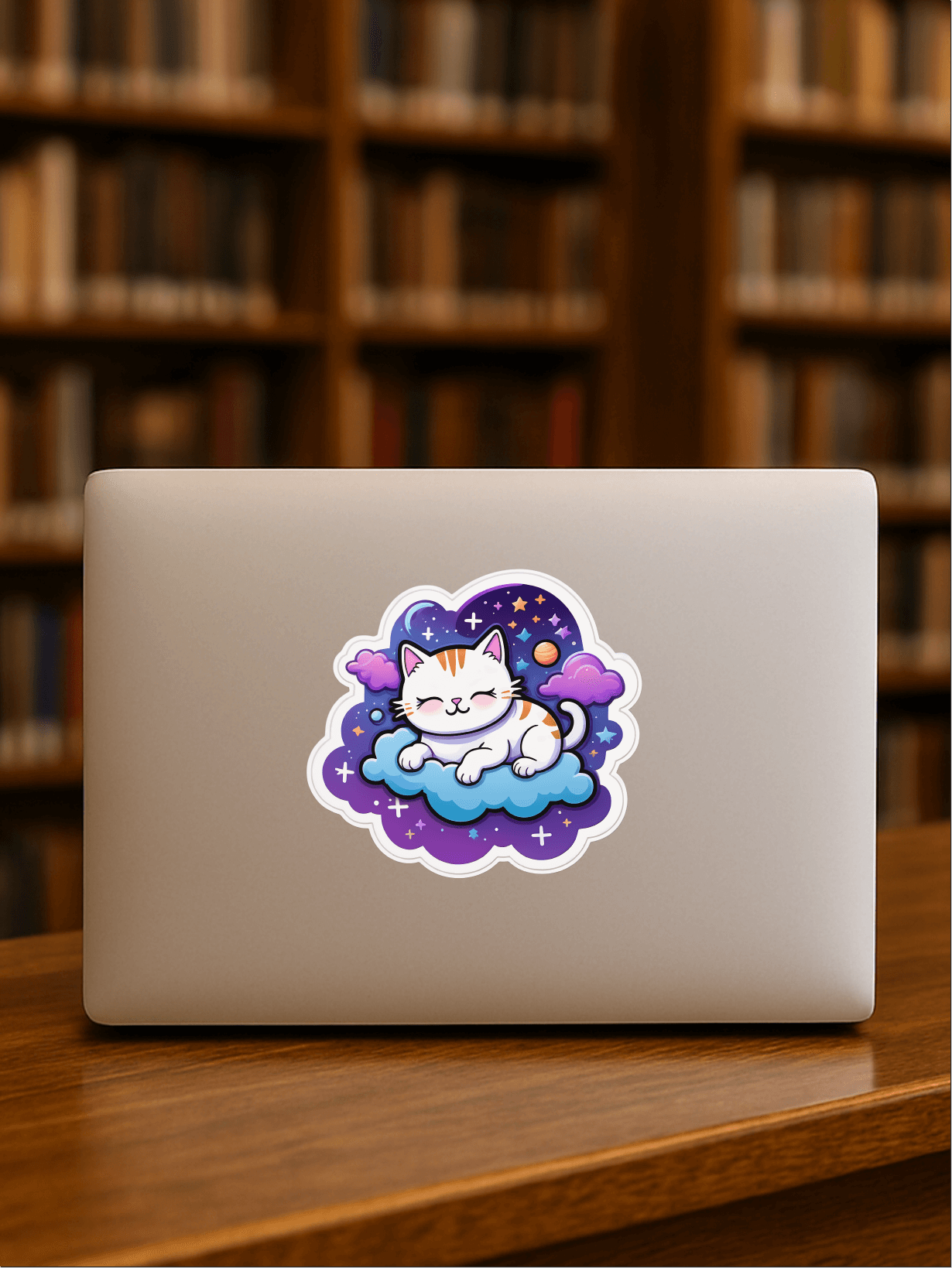 Cosmic Catnap – Galaxy Space Cat Vinyl Sticker on a laptop cover in a library setting.