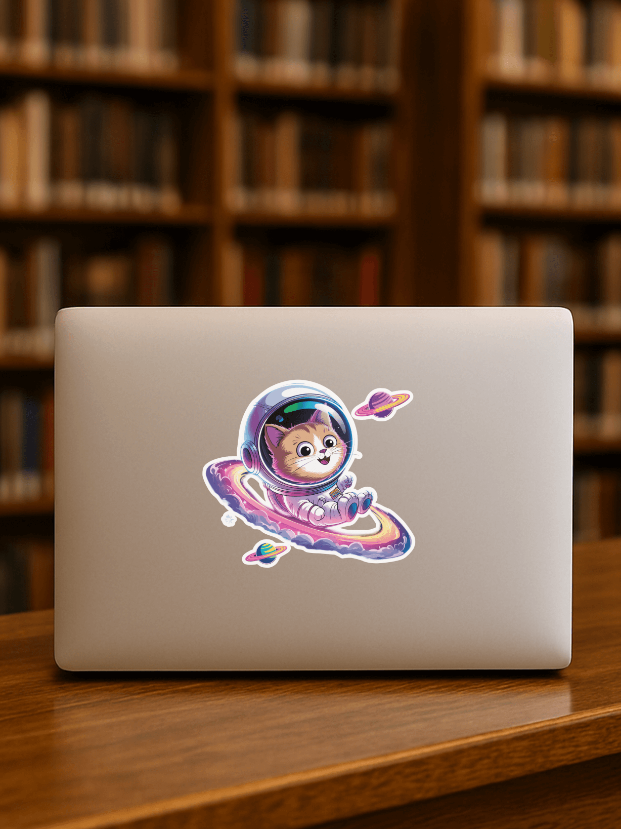 Cosmic Cat Explorer Vinyl Sticker on a laptop, featuring a cute cat in an astronaut suit floating in space.