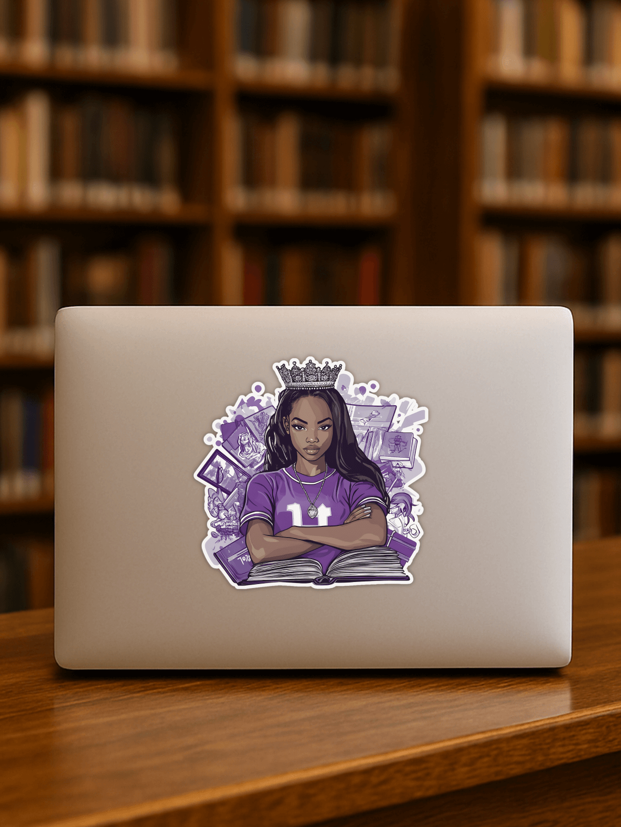 HBCU Campus Royalty Sticker on a laptop showcasing vibrant design and personality in a library setting.