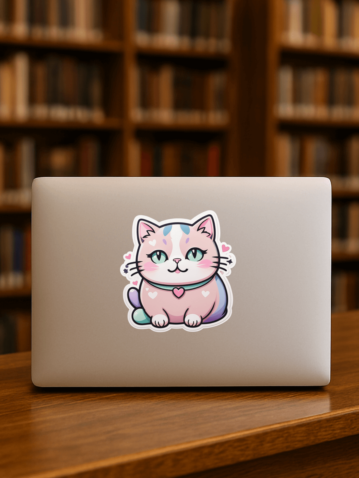 Pastel Dream Kawaii Cat Sticker on a laptop in a library, featuring a cute cat design with pastel colors.