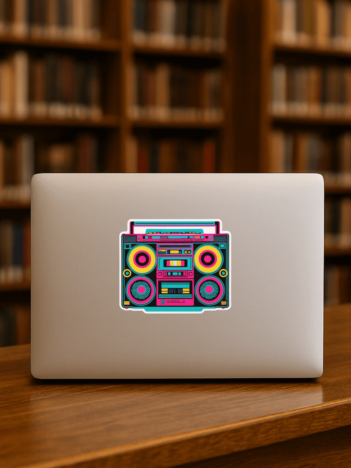 Retro boombox vinyl sticker on a laptop in a library setting, colorful design adds artistic flair.