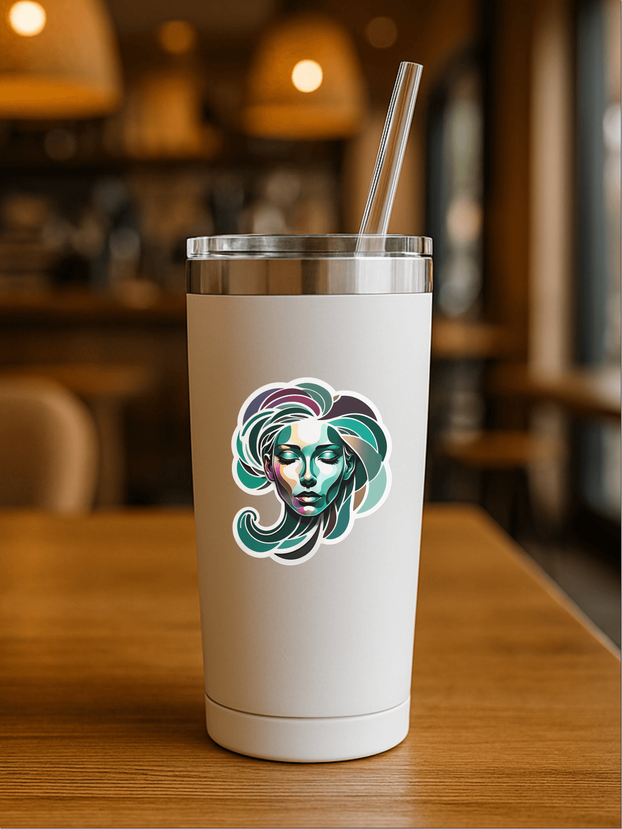 Ink Shift Abstract Face sticker on a white tumbler in a cafe setting, showcasing colorful artwork.