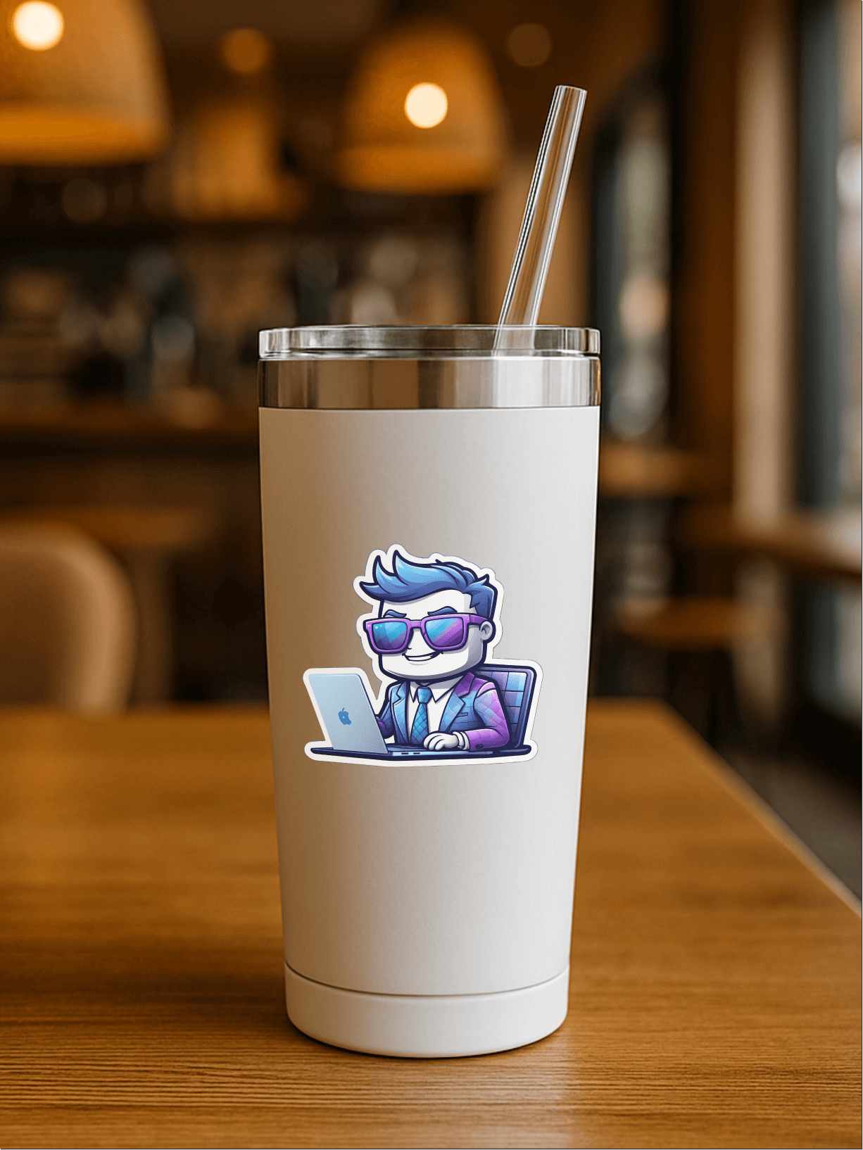 Byte Boss: Tech Motivator Sticker on a white tumbler in a cozy cafe setting.