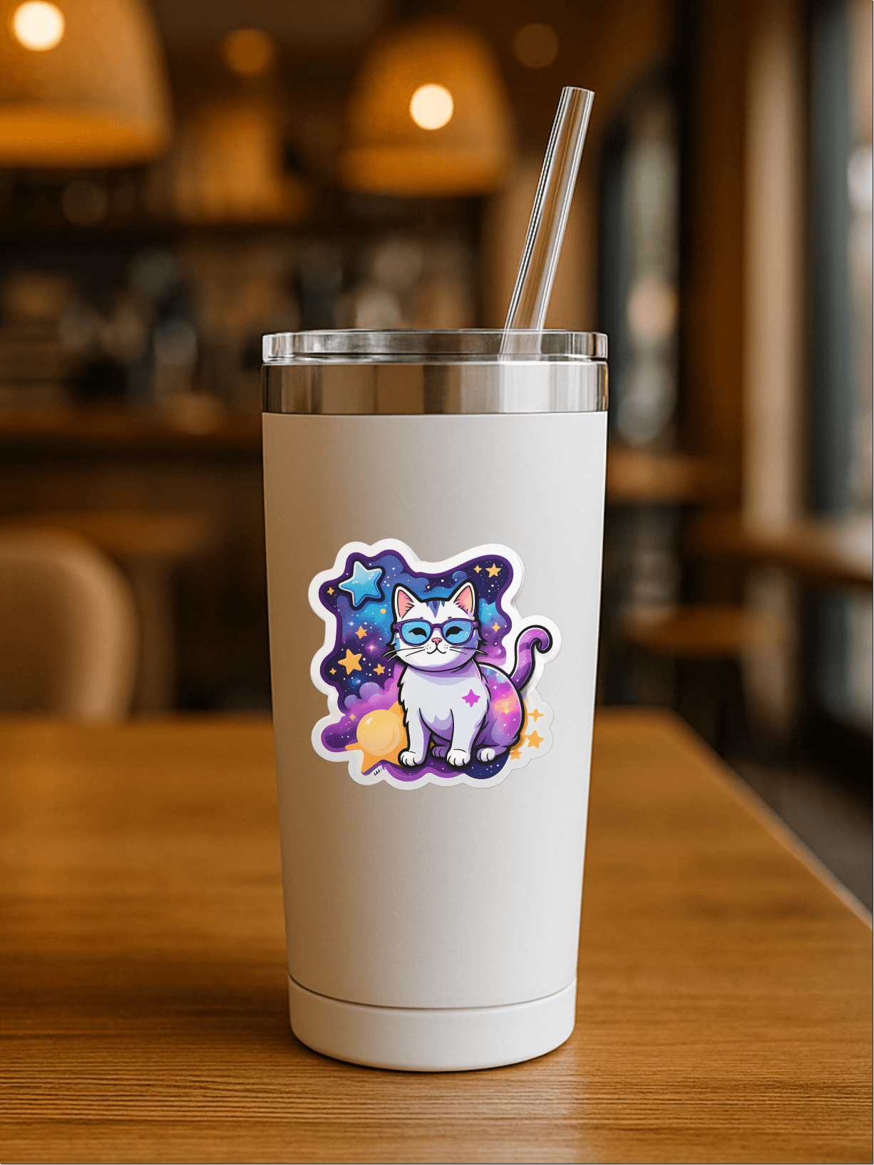 Dream Big Galaxy Cat Vinyl Sticker on a stylish tumbler in a cozy cafe setting.