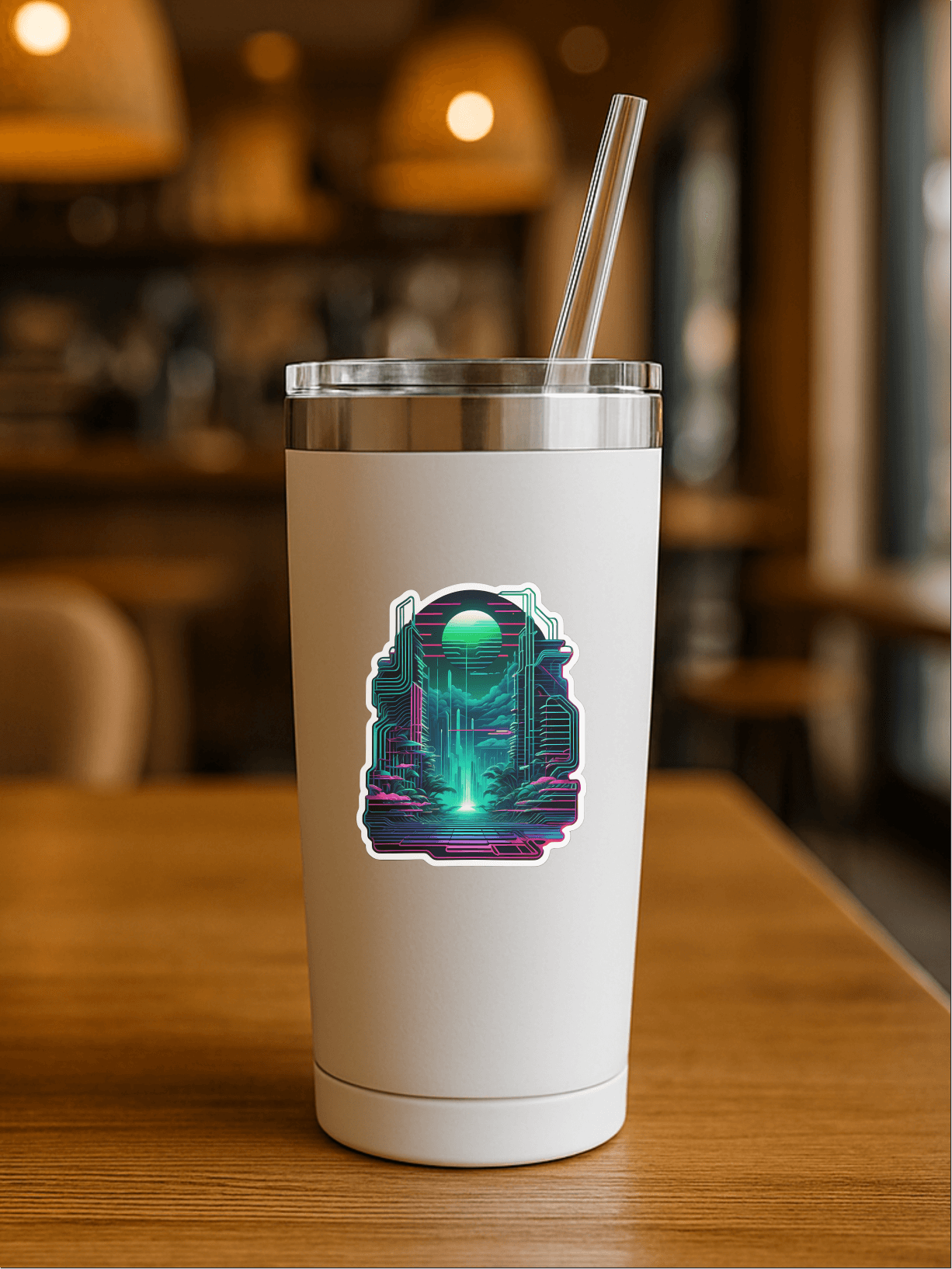 NFT Coded Reality – Glitch Tech Layers Sticker on a white tumbler in a cozy café setting.