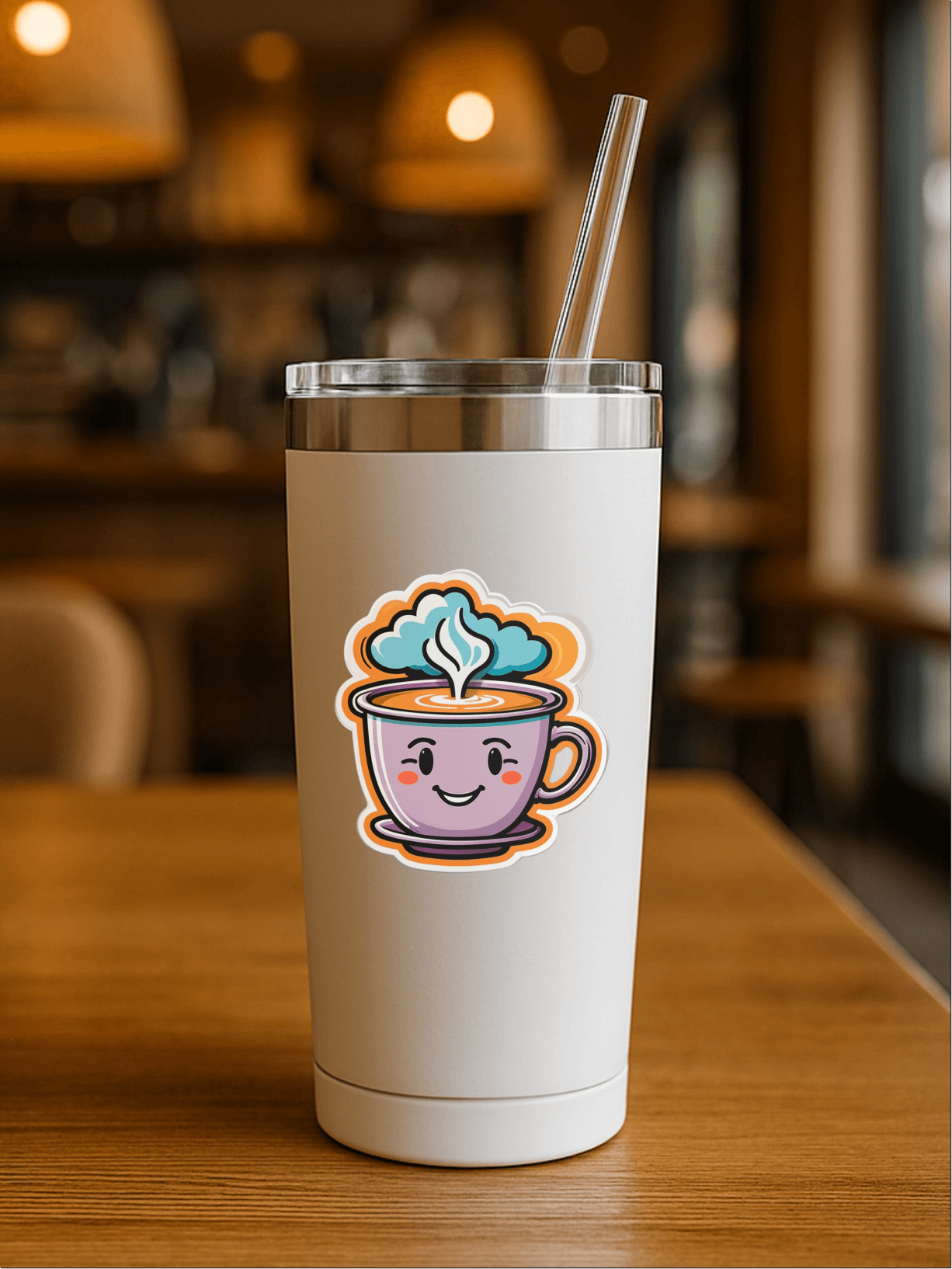 Coffee Vibes Only sticker on a stylish coffee tumbler in a cozy café setting.