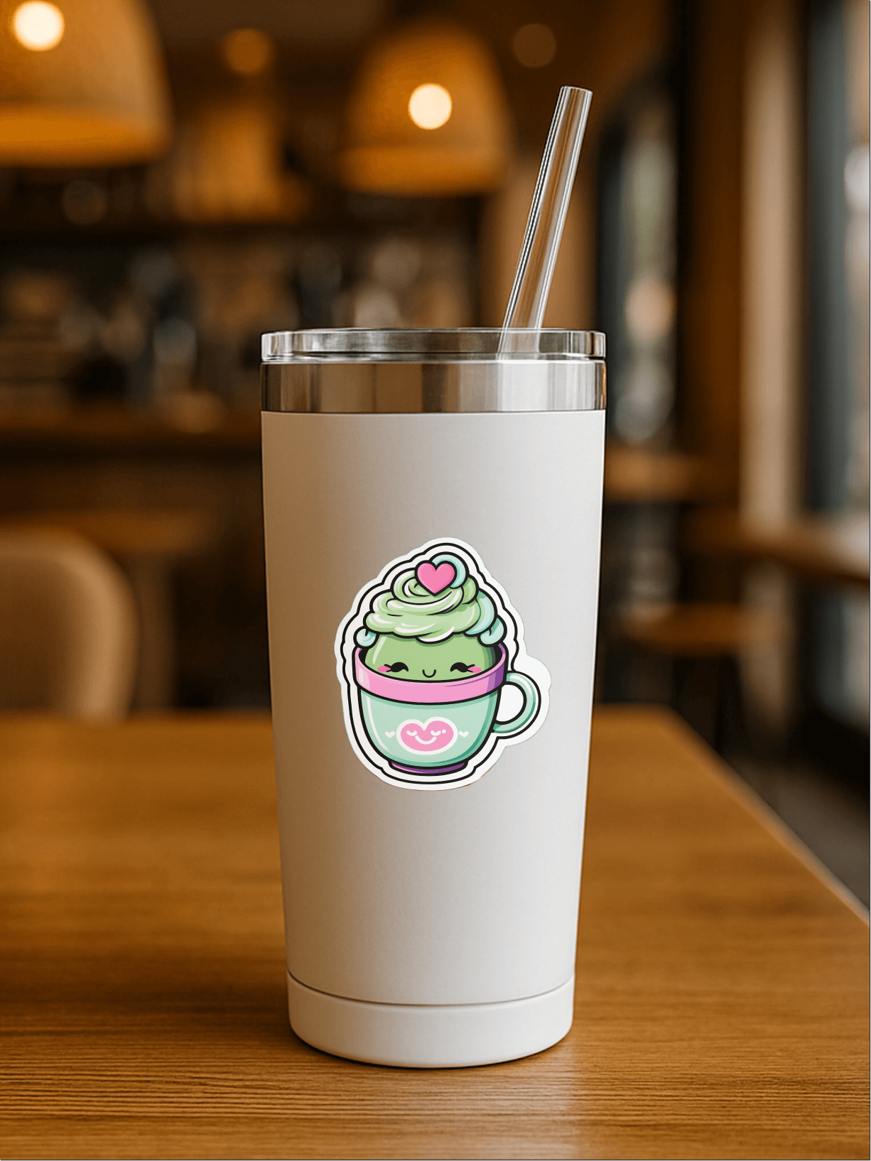 Sassy Matcha Therapy Sticker on a white tumbler with a cute tea cup design.