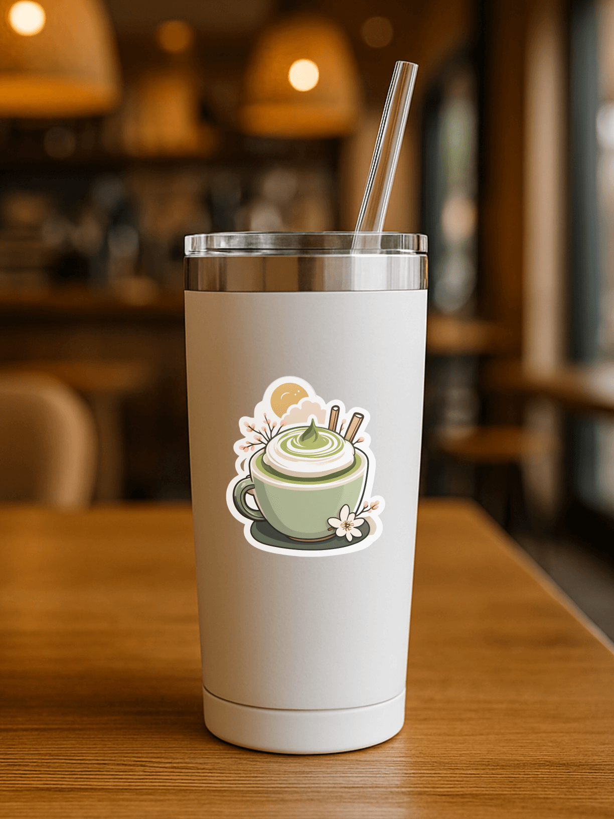 Matcha Vibes & Cozy Reads Vinyl Sticker on a modern tumbler in a cozy cafe setting.