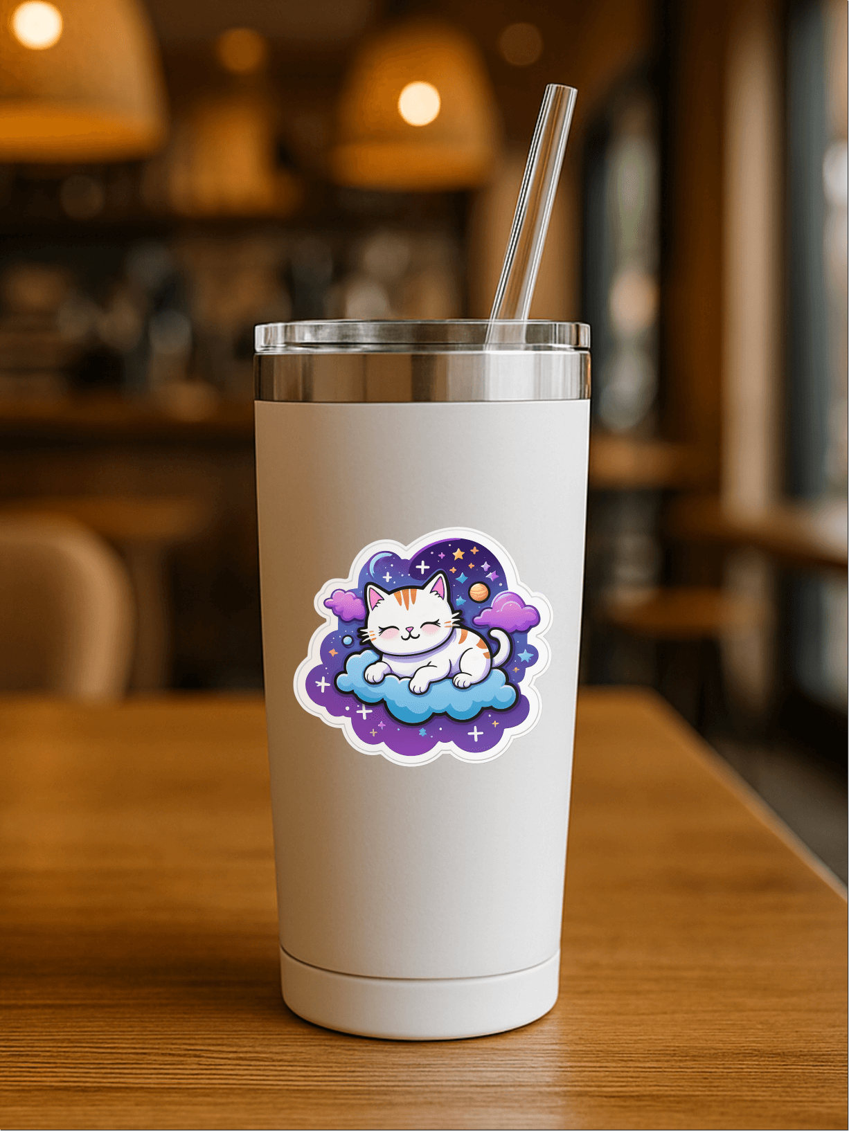 Cosmic Catnap – Galaxy Space Cat Vinyl Sticker on a stylish tumbler in a cozy café setting.
