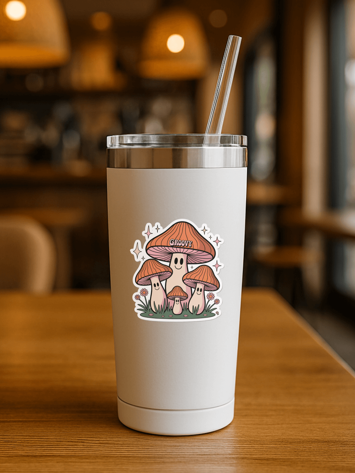 Groovy Mushroom Vibes Sticker on a stylish tumbler in a cozy cafe setting, showcasing colorful mushroom designs.