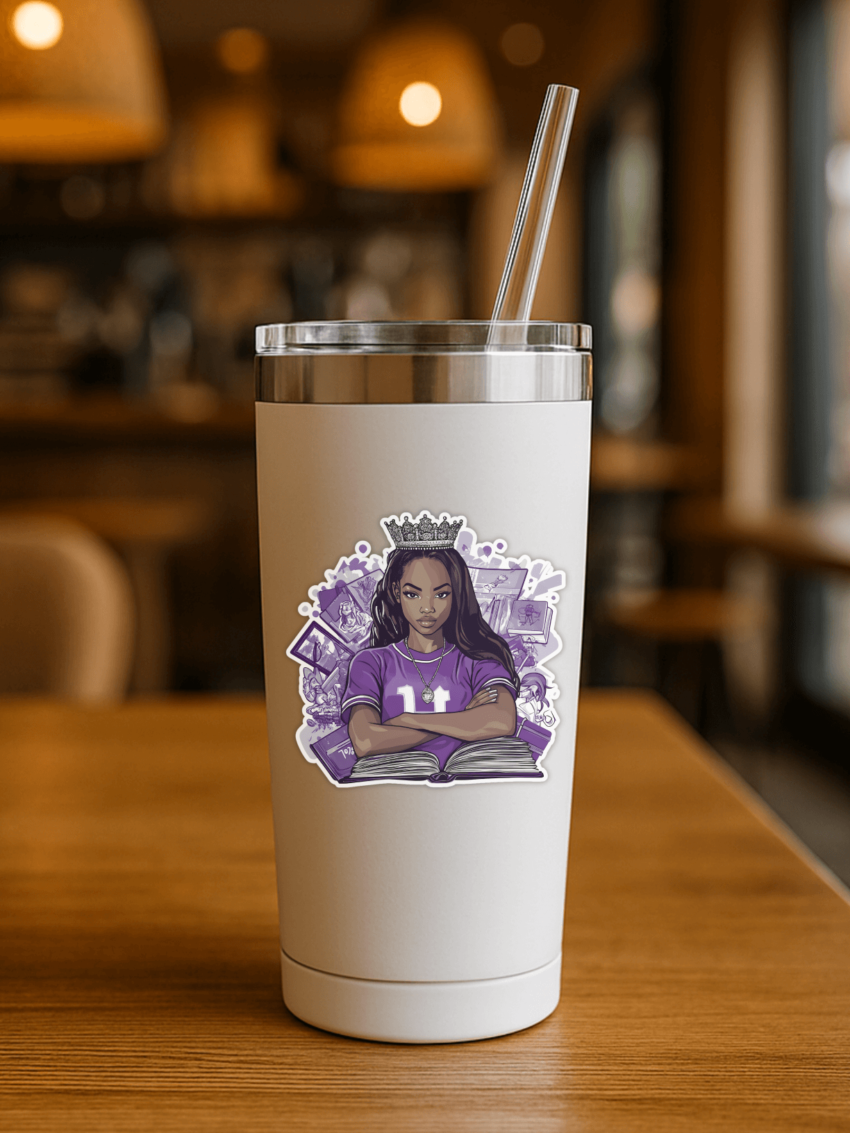 HBCU Campus Royalty Sticker on a stylish tumbler in a cozy café setting, showcasing vibrant colors and quality design.