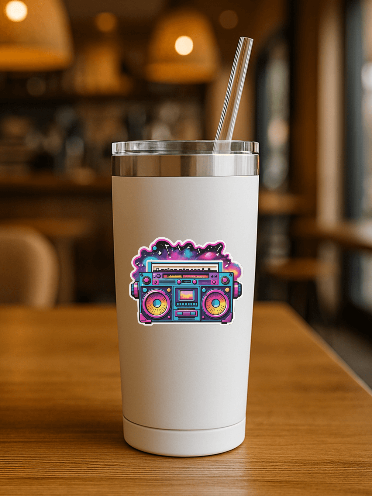 Galaxy Groove Boombox Sticker on a stylish tumbler in a cozy cafe setting.