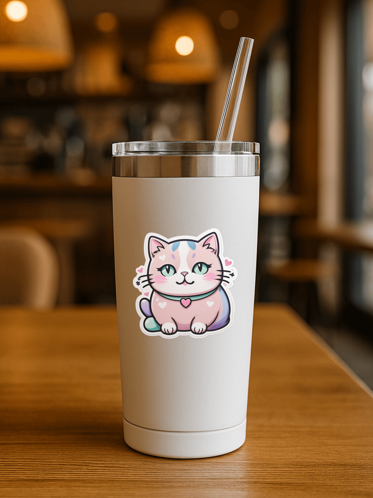 Pastel Dream Kawaii Cat Sticker on a white tumbler with a straw in a cozy café setting.