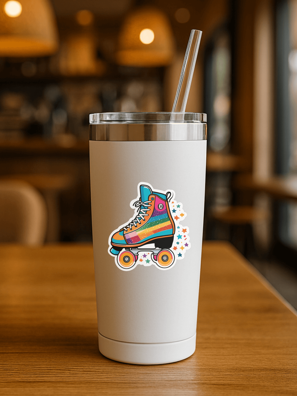 Groovy retro roller skate sticker on a white tumbler in a cozy café setting.