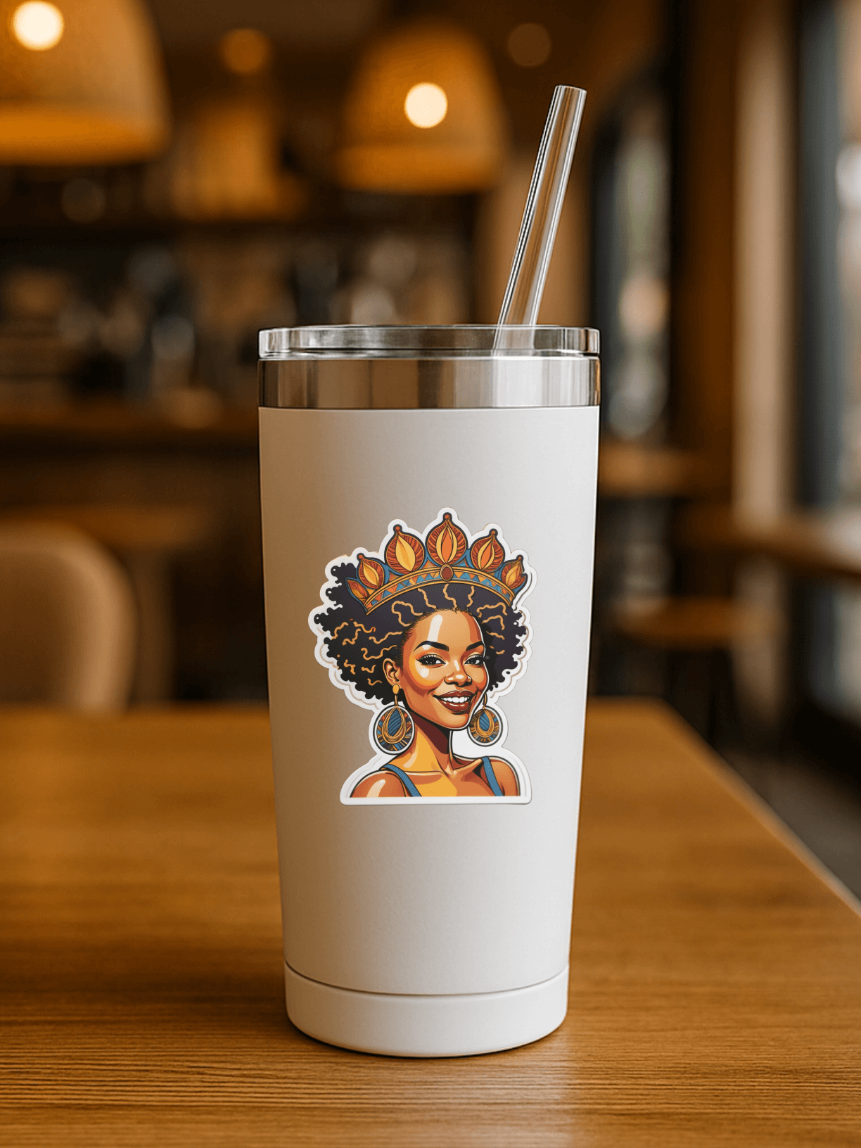 Radiant Afro Queen vinyl sticker on a reusable tumbler in a stylish coffee shop setting.