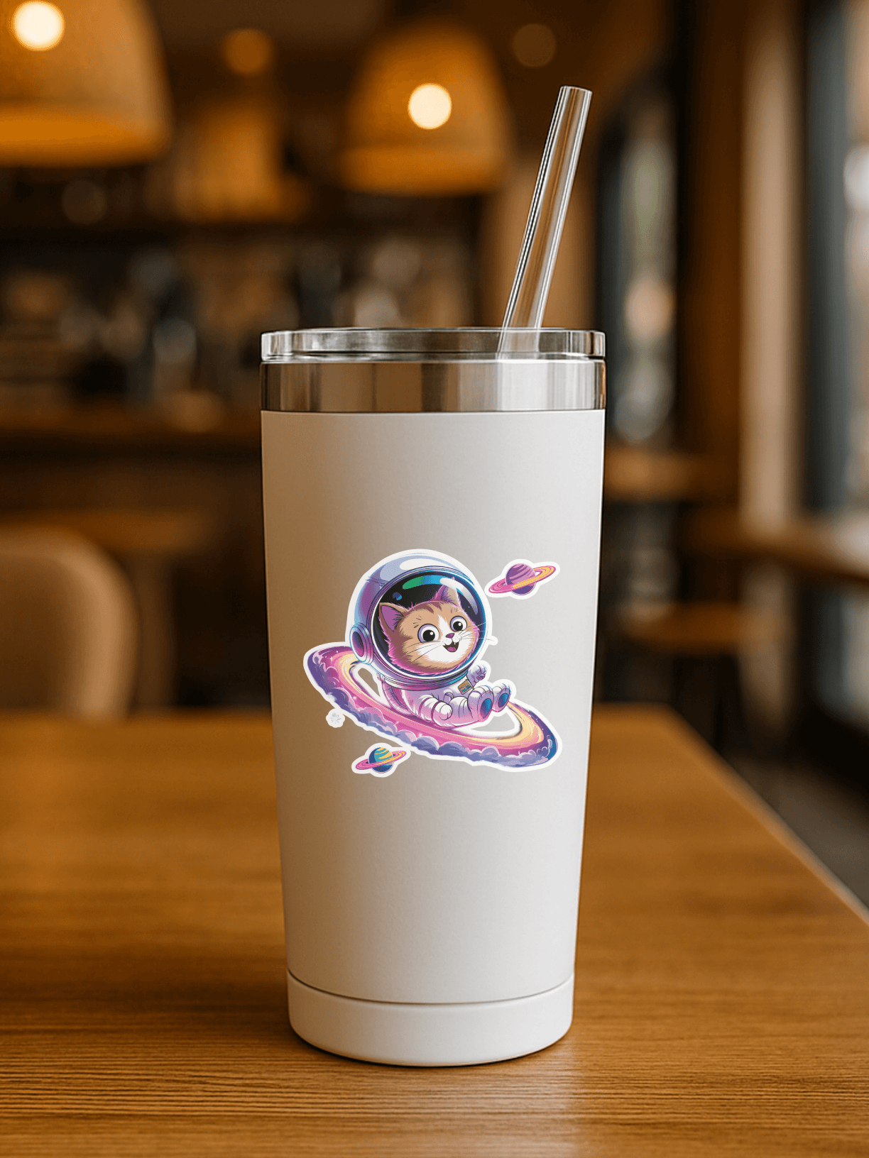 Cosmic Cat Explorer vinyl sticker on a white tumbler in a cozy café setting.