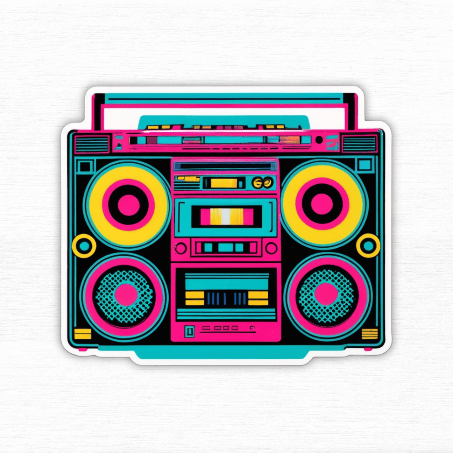 Colorful retro boombox vinyl sticker with vibrant pink, blue, and yellow design, perfect for decorating laptops or water bottles.