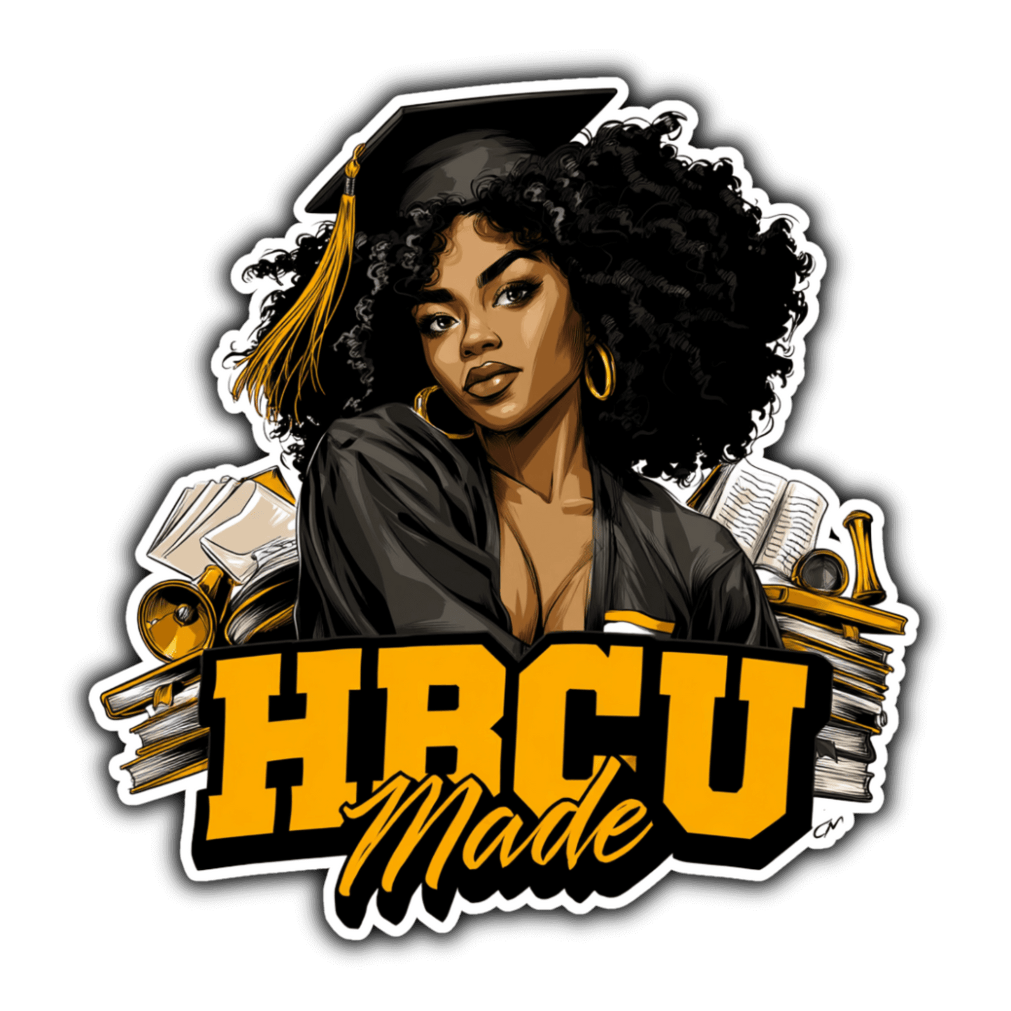 HBCU Made sticker featuring a woman in a graduation cap with books and musical instruments in the background.