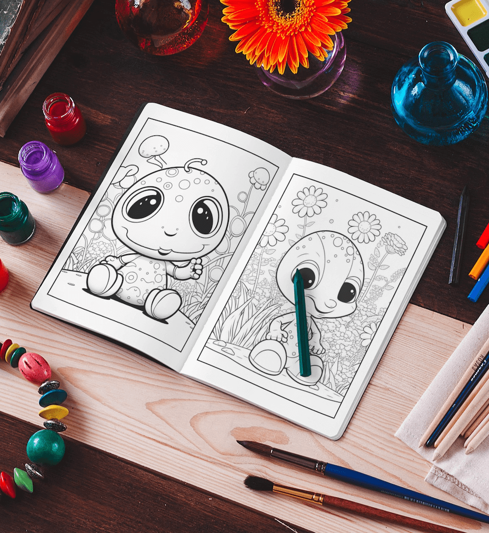 Coloring book open to alien drawings with colored pencils and art supplies on a wooden table.