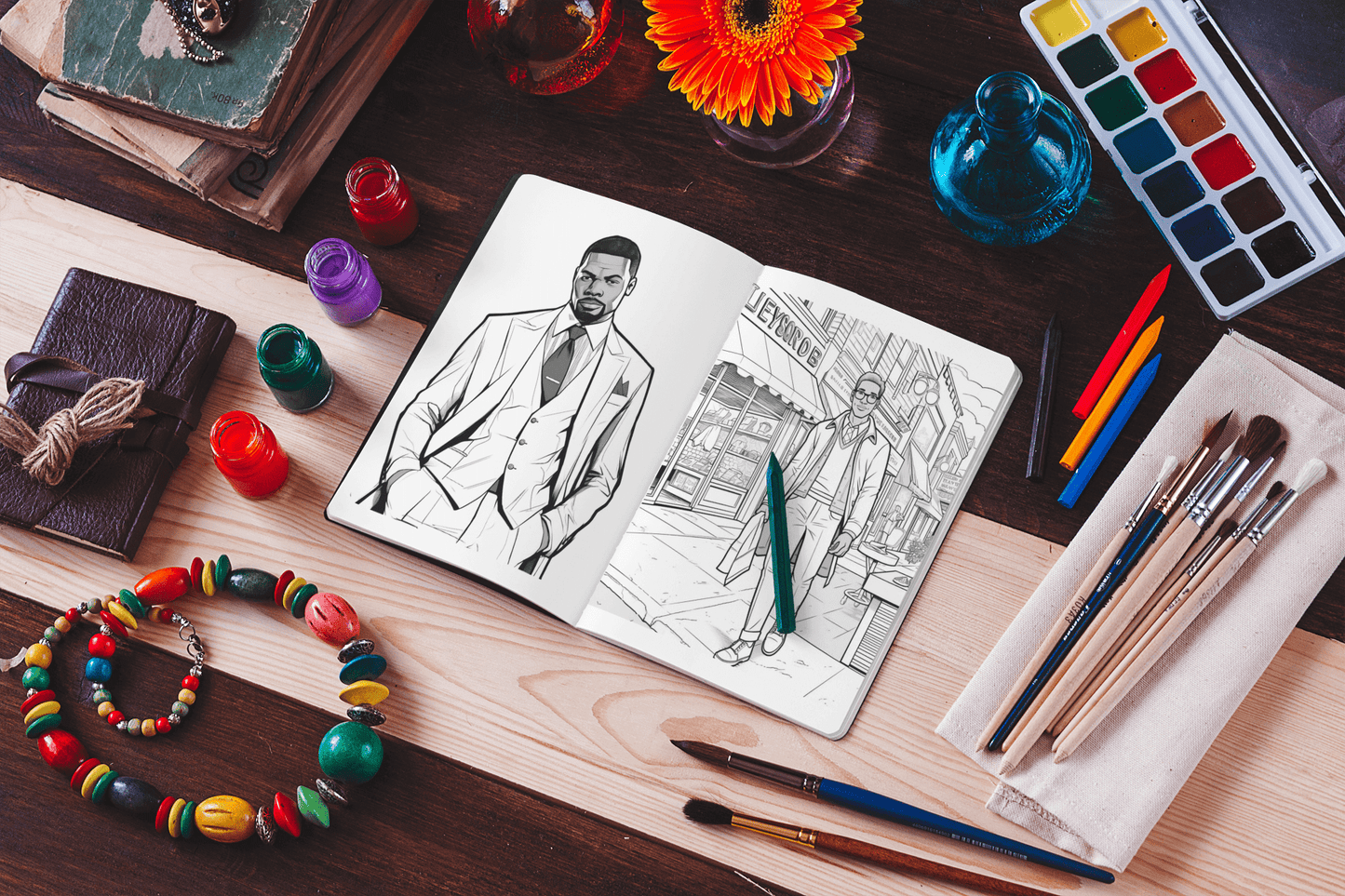 Coloring book page featuring a stylish black man illustration among art supplies and vibrant decor.
