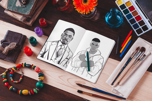 Open coloring book featuring Afro-American male figures, surrounded by art supplies and colorful decorations.