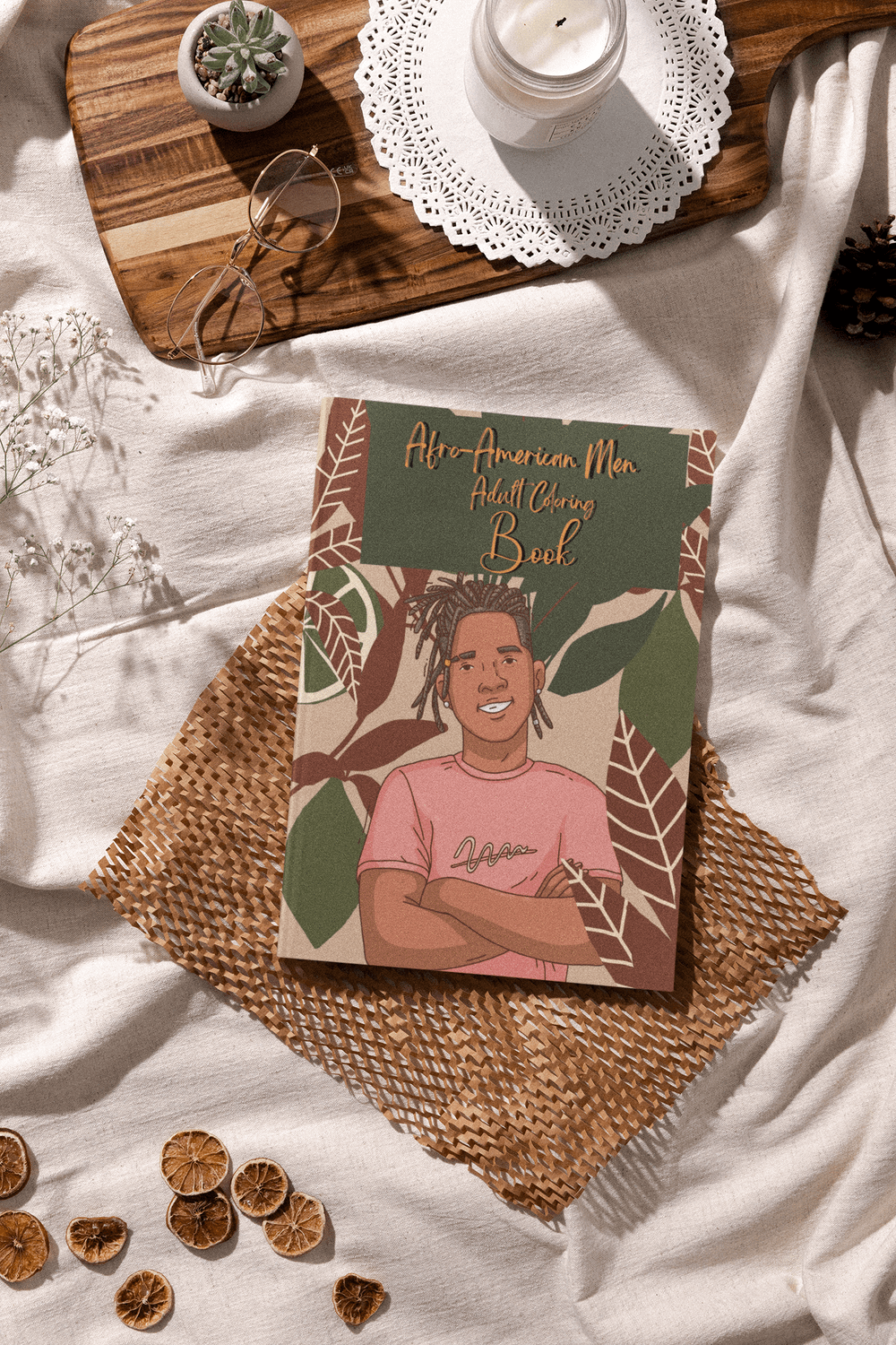 Afro-American Men Adults Coloring Book on a textured background with plants and decorative elements.