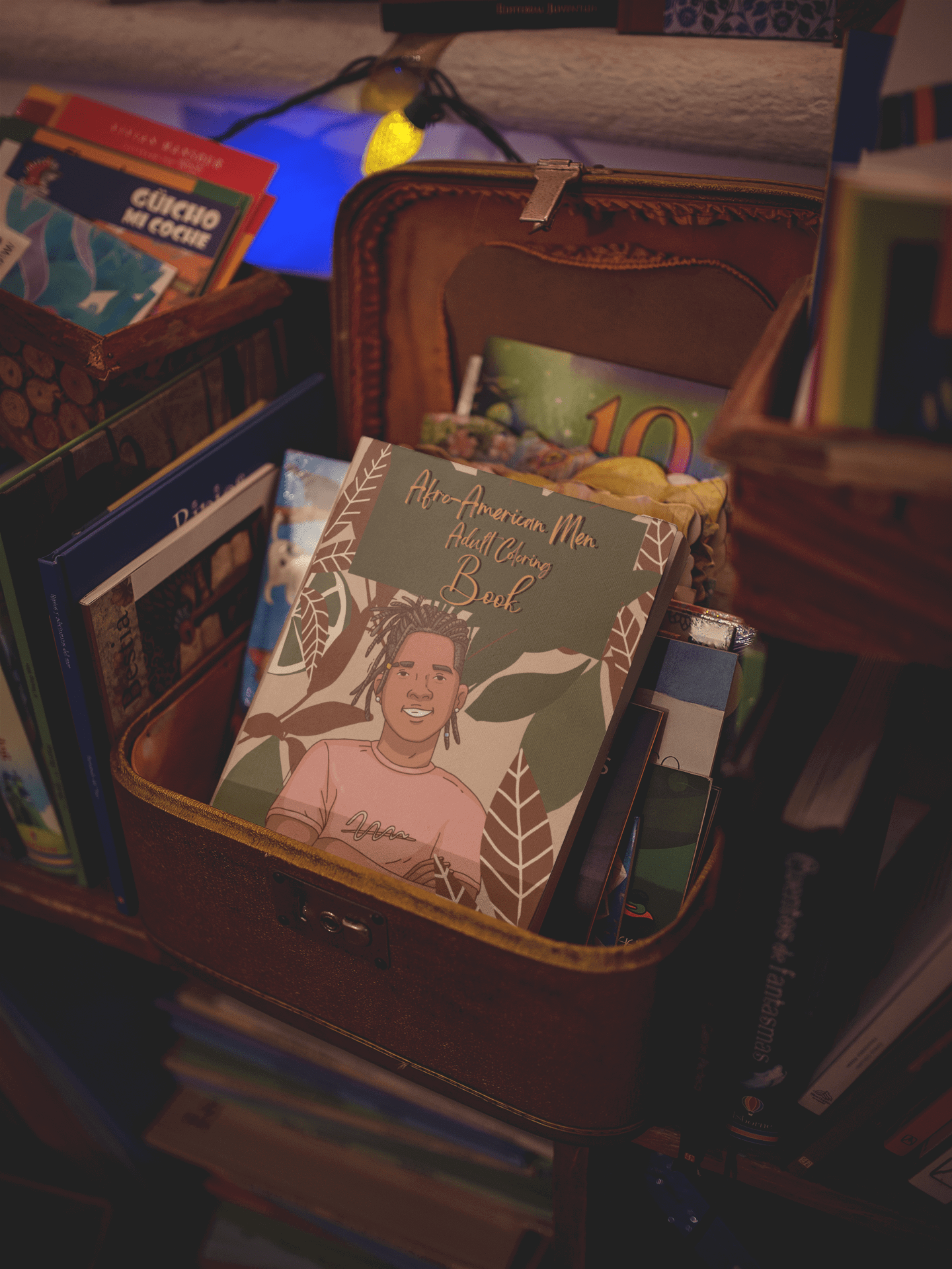 Afro-American Men Adults Coloring Book displayed in a vintage suitcase among other books, highlighting diversity and creativity.