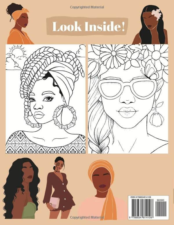 Back cover of Afro-American women adults coloring book with sketches and promotional text.