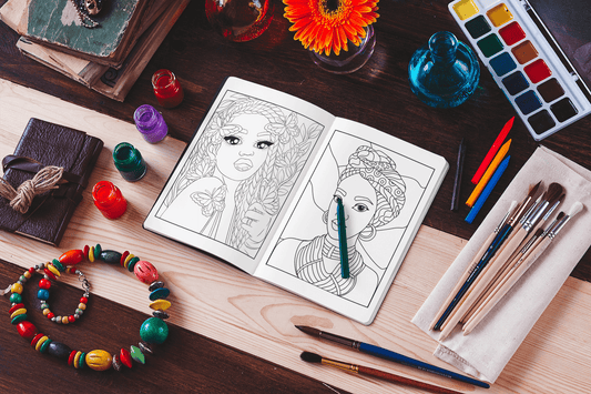 Open coloring book featuring portraits of Afro-American women with art supplies and colorful decorations.