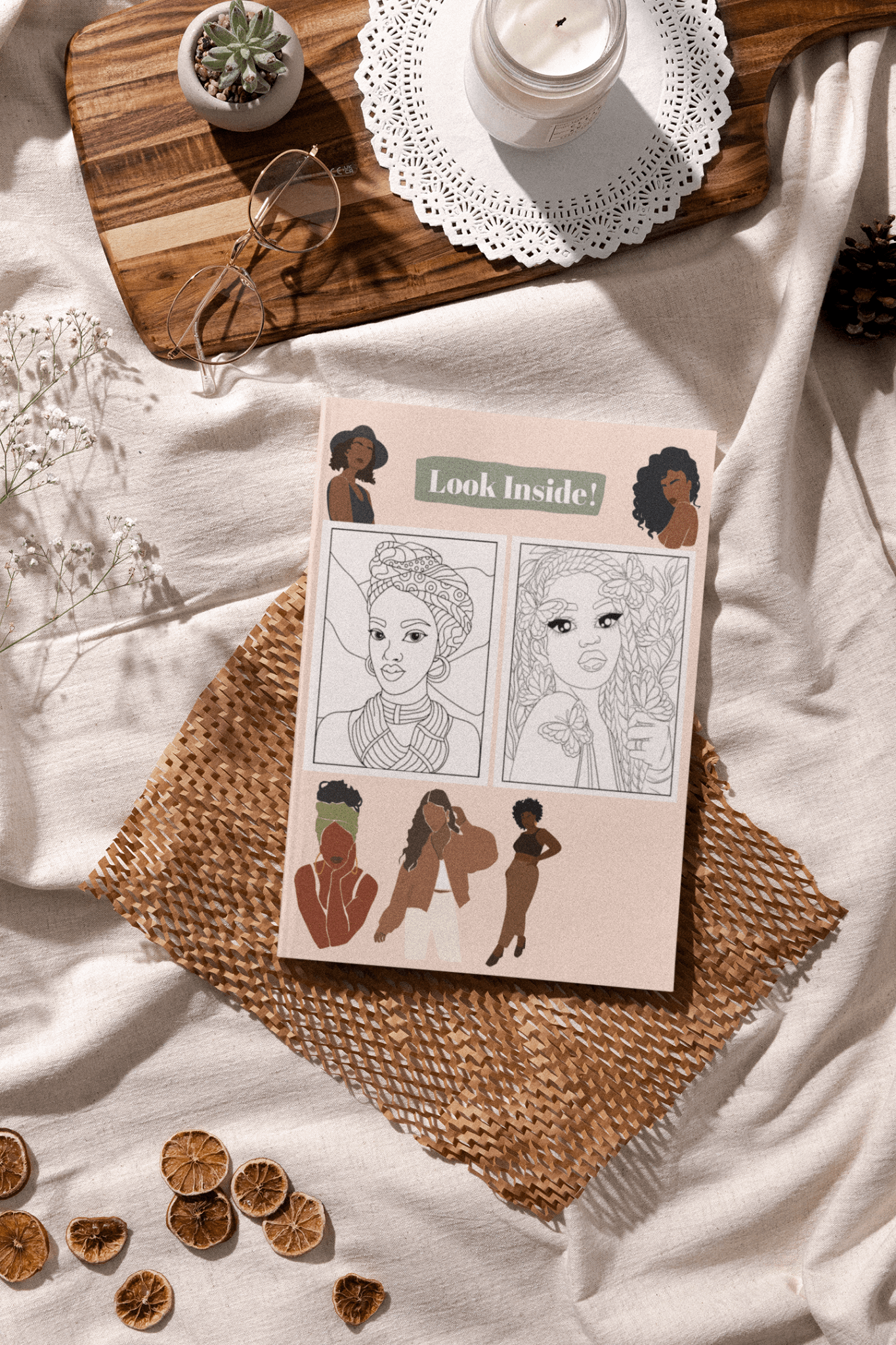 Cover of Afro-American Women Adults Coloring Book Volume 2 with illustrations and 'Look Inside!' text.