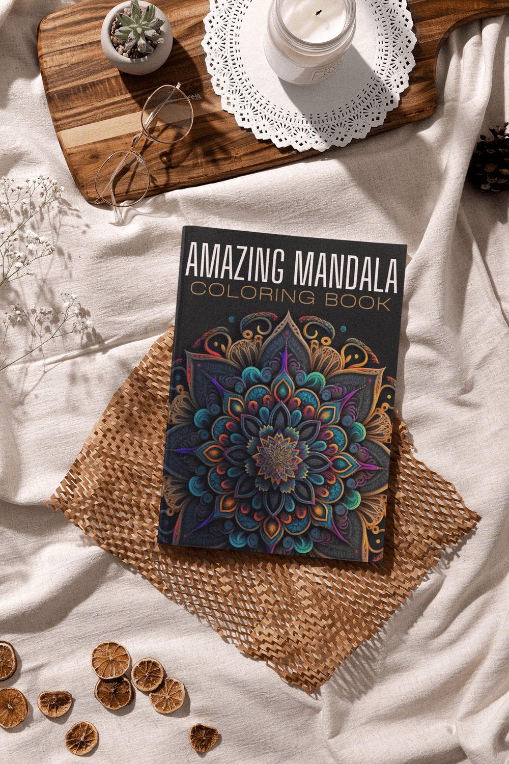 Amazing Mandala Coloring Book resting on a textured mat with decorative elements, perfect for creativity and relaxation.