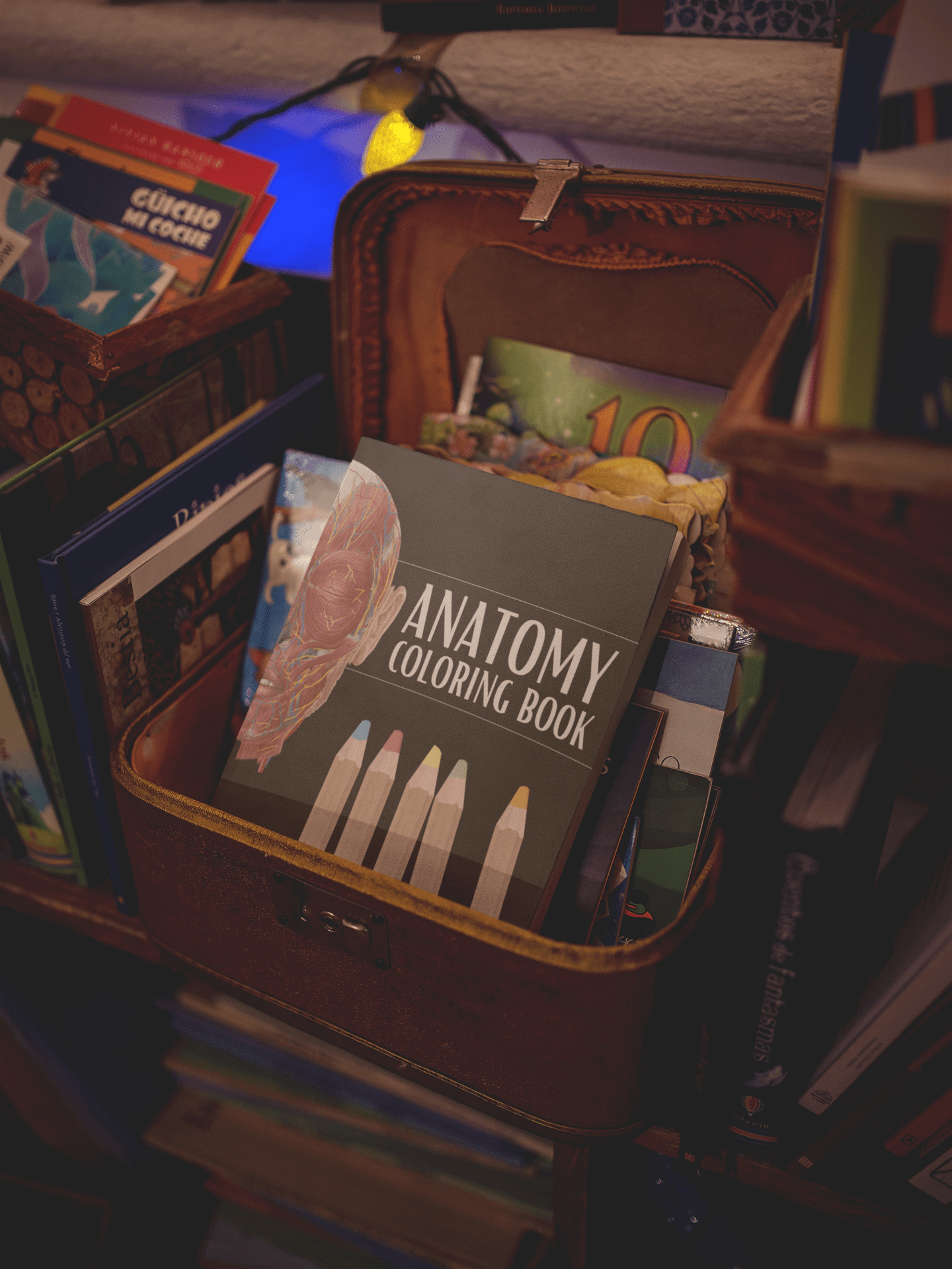 Anatomy Coloring Book displayed in a vintage suitcase among various books, showcasing anatomy-themed illustrations.