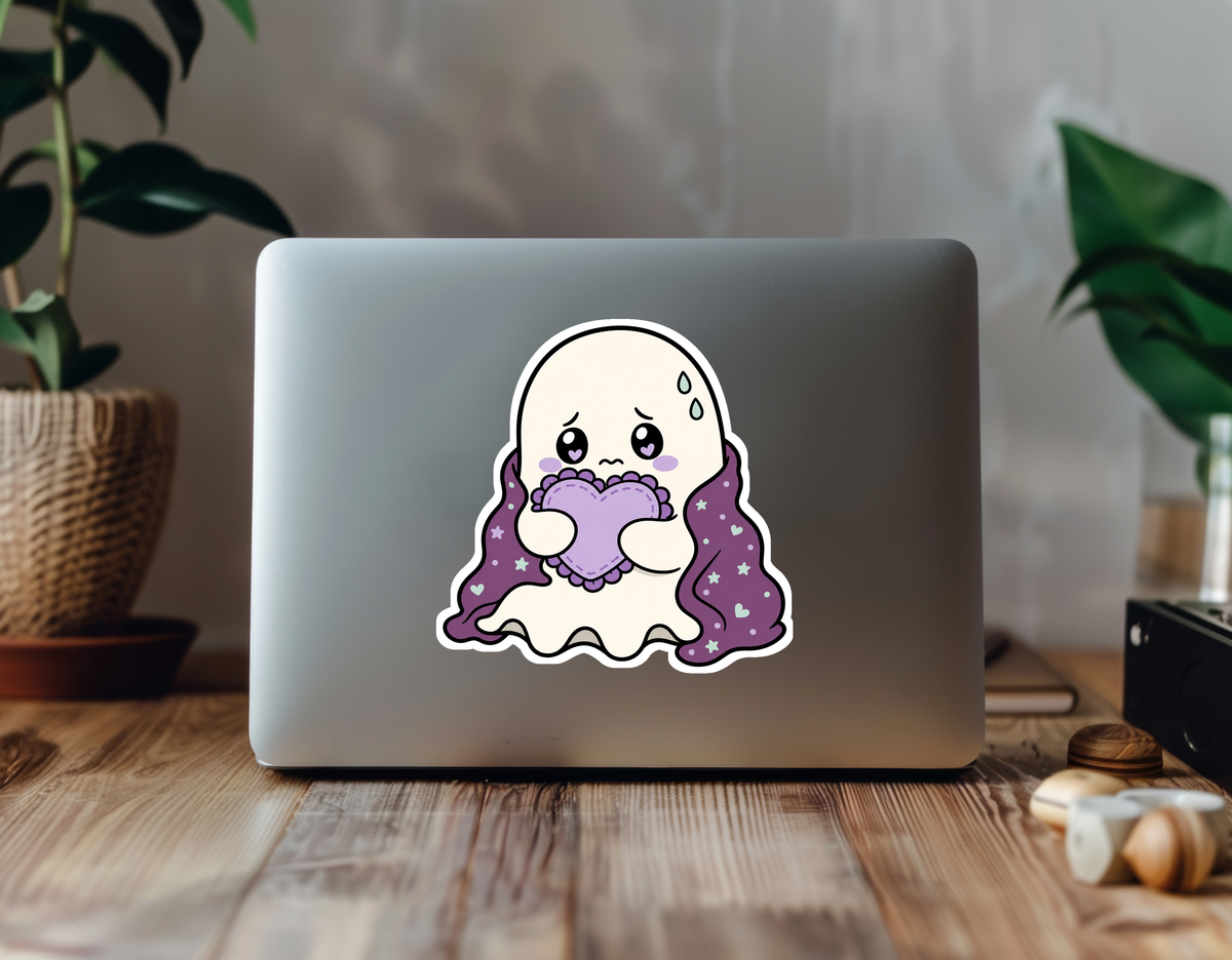 Anxiety Ghost Pack sticker on a laptop in a plant-filled workspace — ruffle-wrap revision