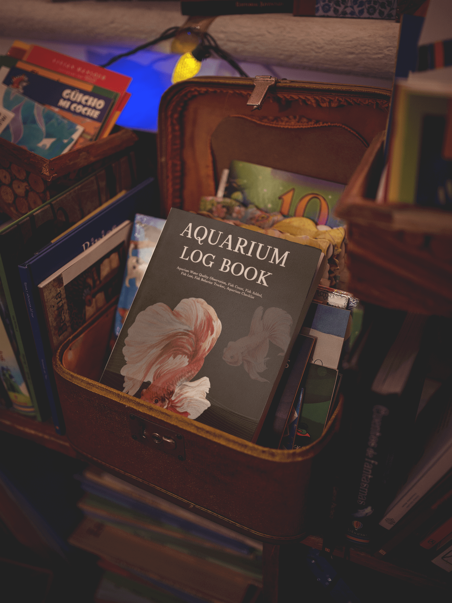 Aquarium Log Book displayed in a vintage suitcase, surrounded by various other books and colorful lights.