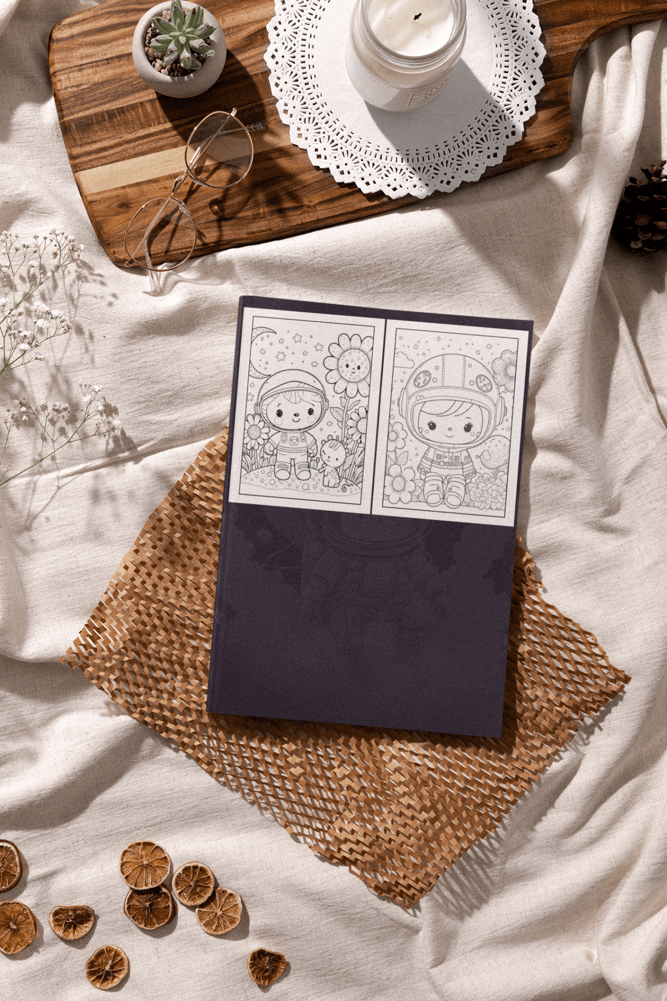 Astronaut coloring book for kids displayed on a cozy blanket with decorative elements and a candle.