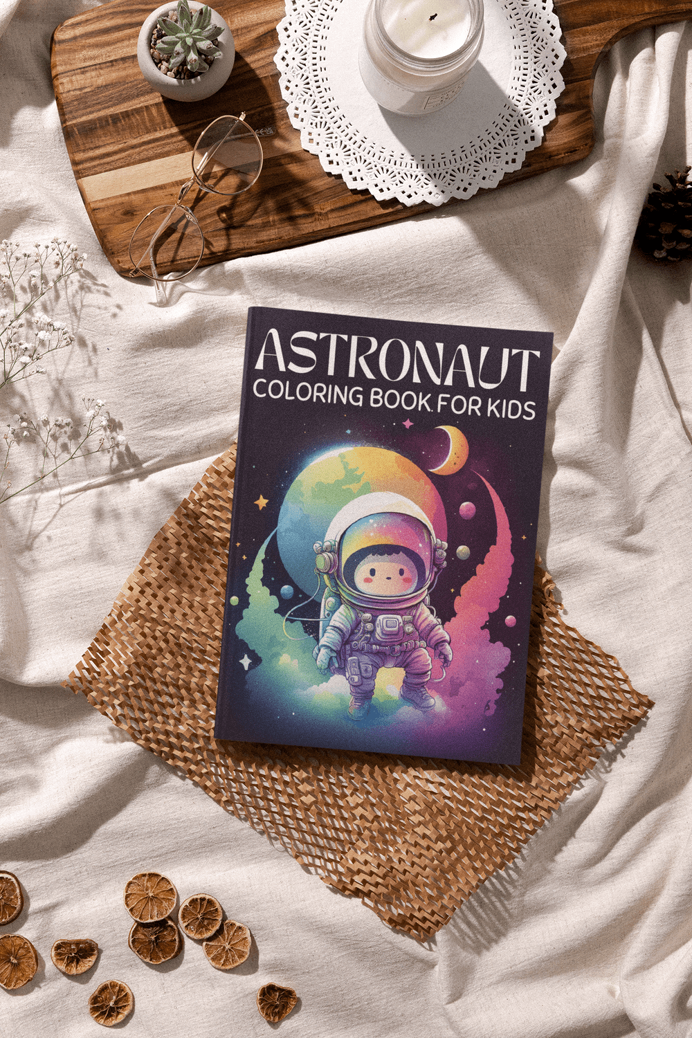 Astronaut coloring book for kids with colorful space theme on a cozy blanket with decorations.