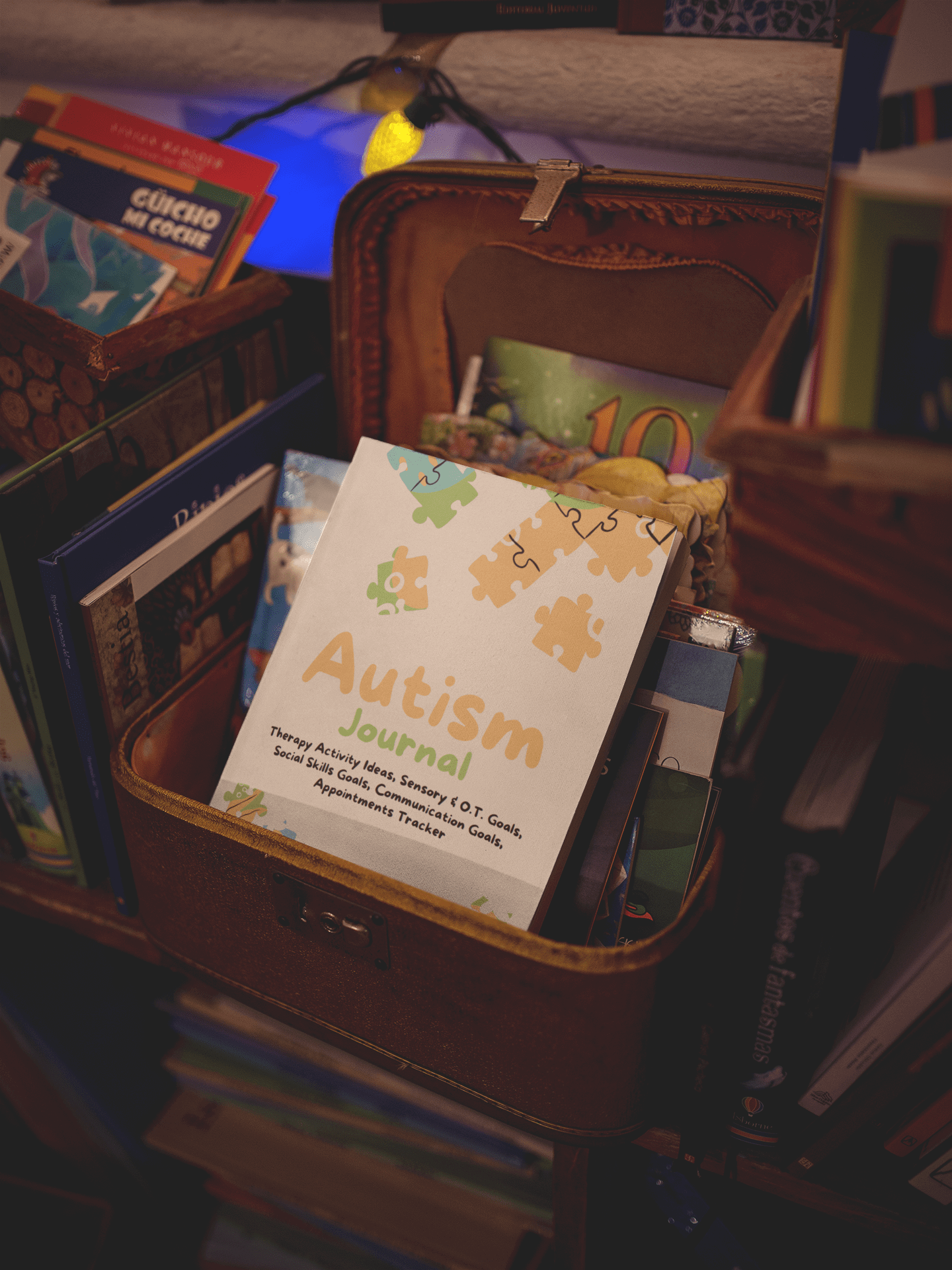 Autism Journal displayed in a decorative box among various books and materials, ideal for organizing special needs.
