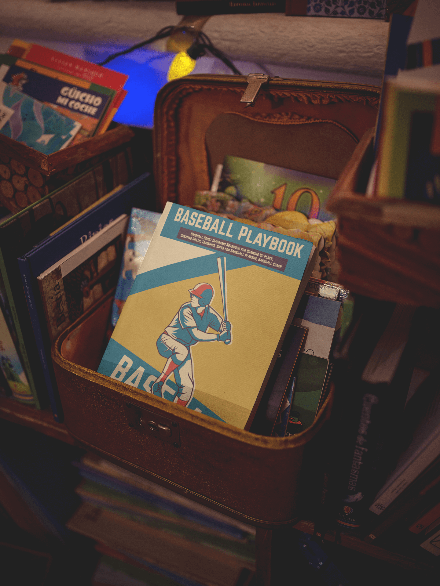 Baseball Playbook notebook resting in a vintage case among other books, ideal for coaches and players.