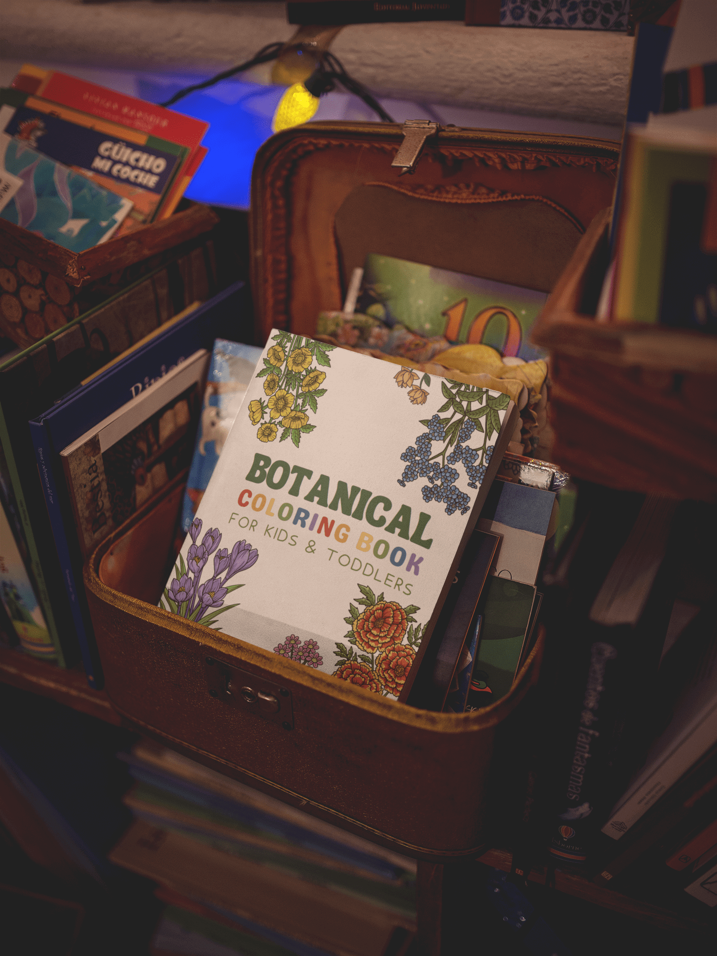 Botanical Coloring Book for Kids & Toddlers displayed in a wooden storage box among other books.