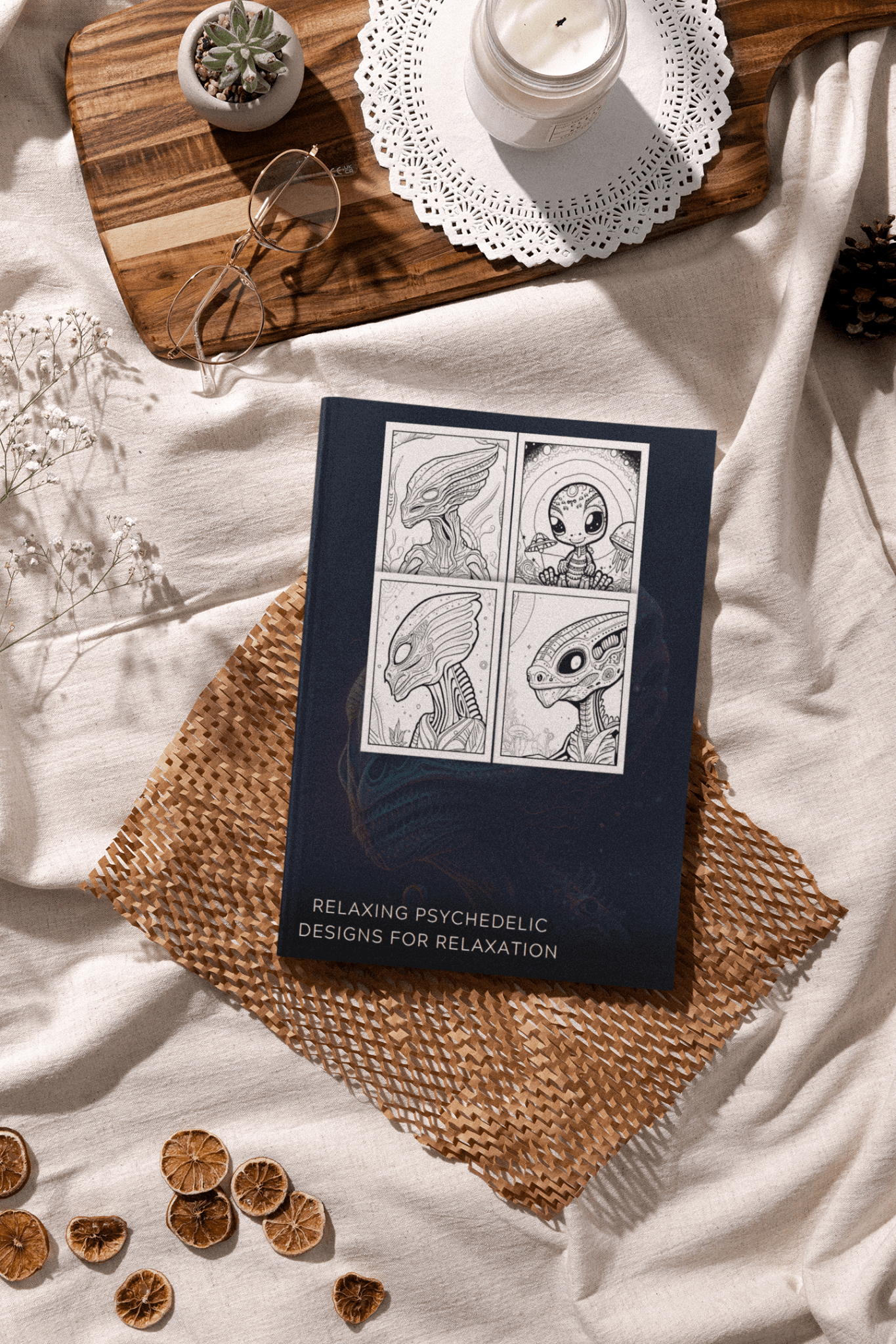 Cosmic Alien Coloring Book for Adults featuring psychedelic alien designs for relaxation on a cozy background.