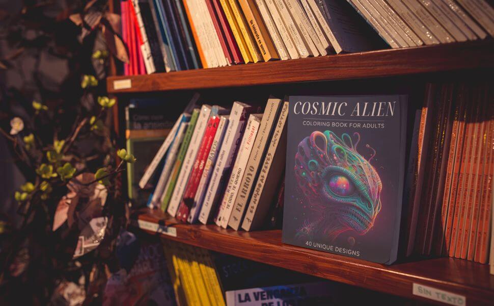 Cosmic Alien coloring book for adults displayed on a bookshelf among various other books.